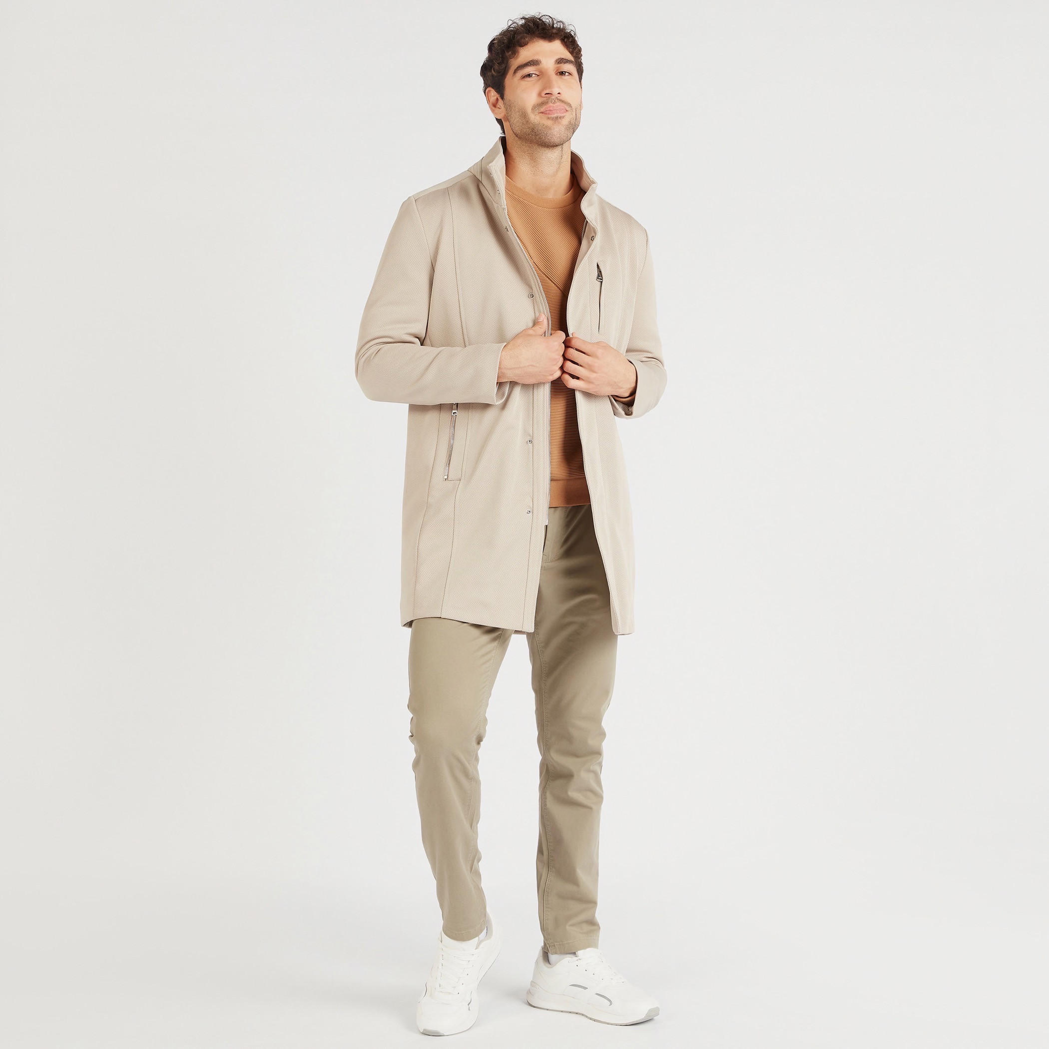 معطف طويل بارز الملمس بأكمام طويلة وسحّاب إغلاق-men-clothing-jacketsandblazers-coats-image-2