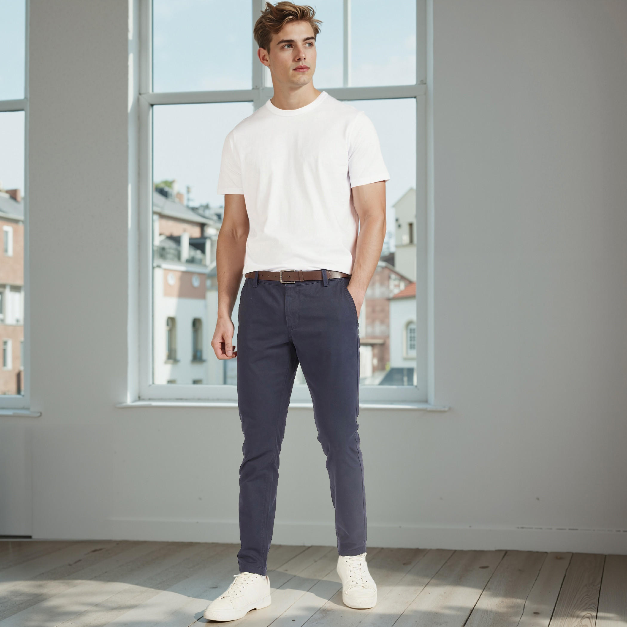 بنطلون تشينو بقصّة سليم وحزام وجيوب-men-clothing-bottoms-trousersandchinos-chinos-image-2
