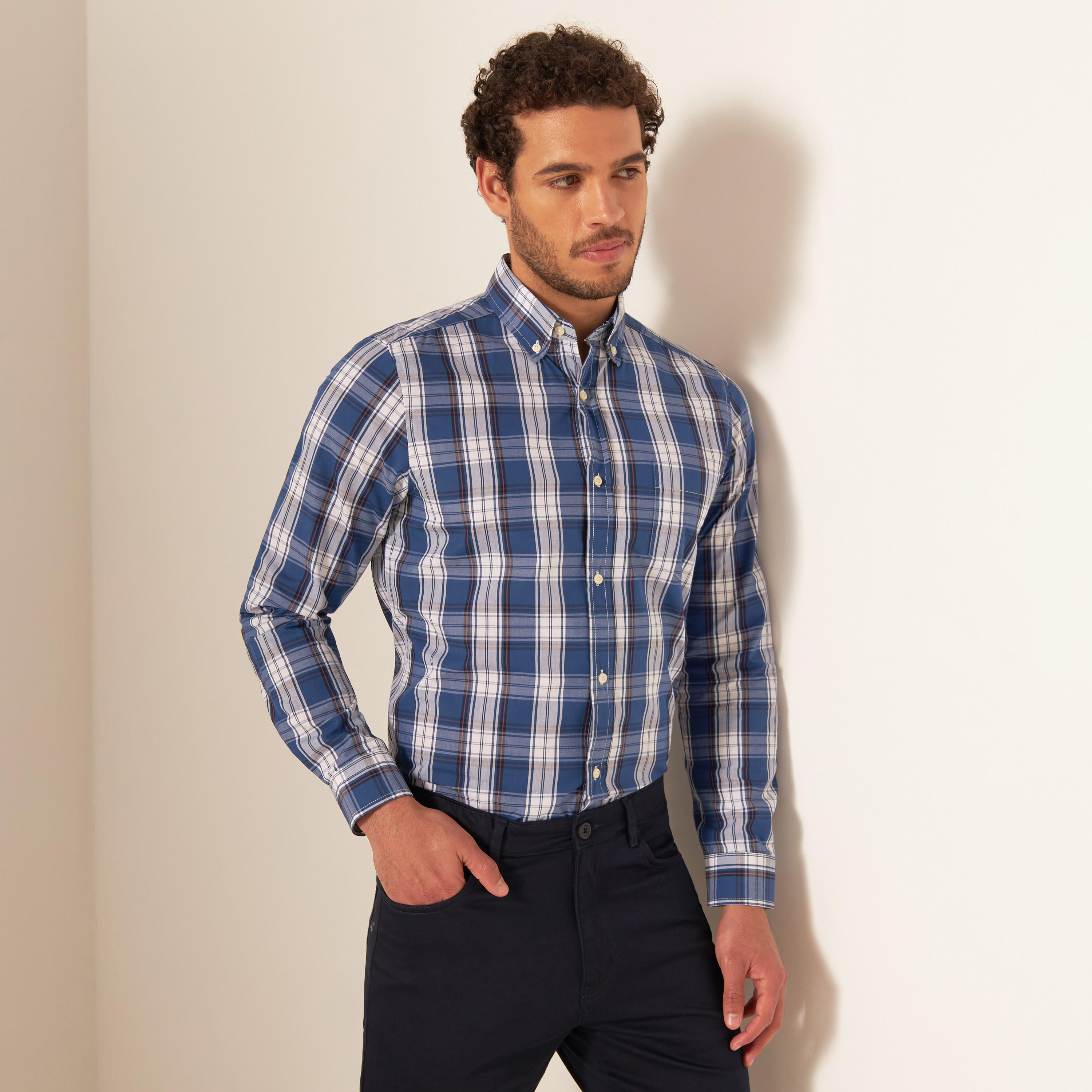 Checked Shirt with Button Down Collar and Long Sleeves-men-clothing-shirts-image-1