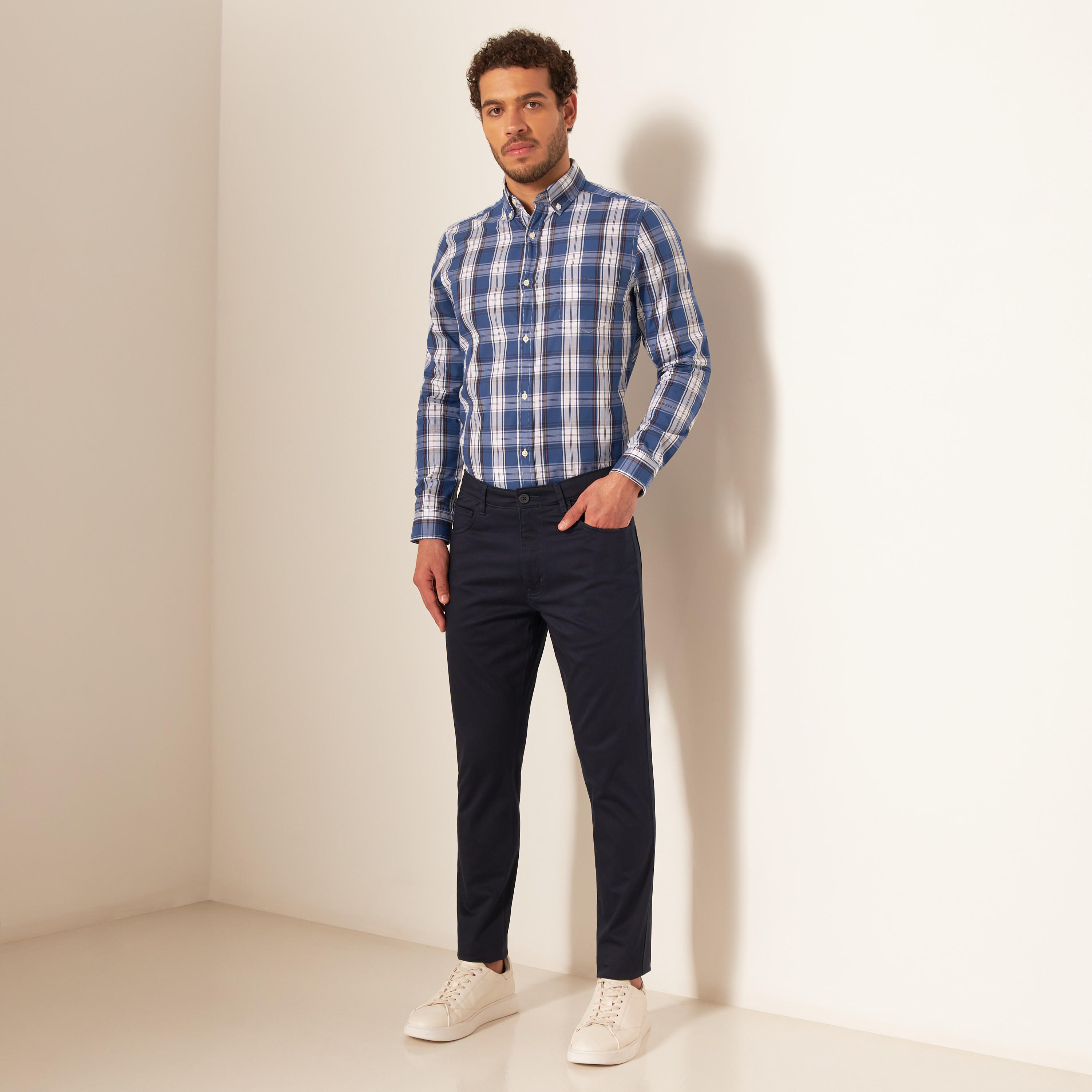 Checked Shirt with Button Down Collar and Long Sleeves-men-clothing-shirts-image-2