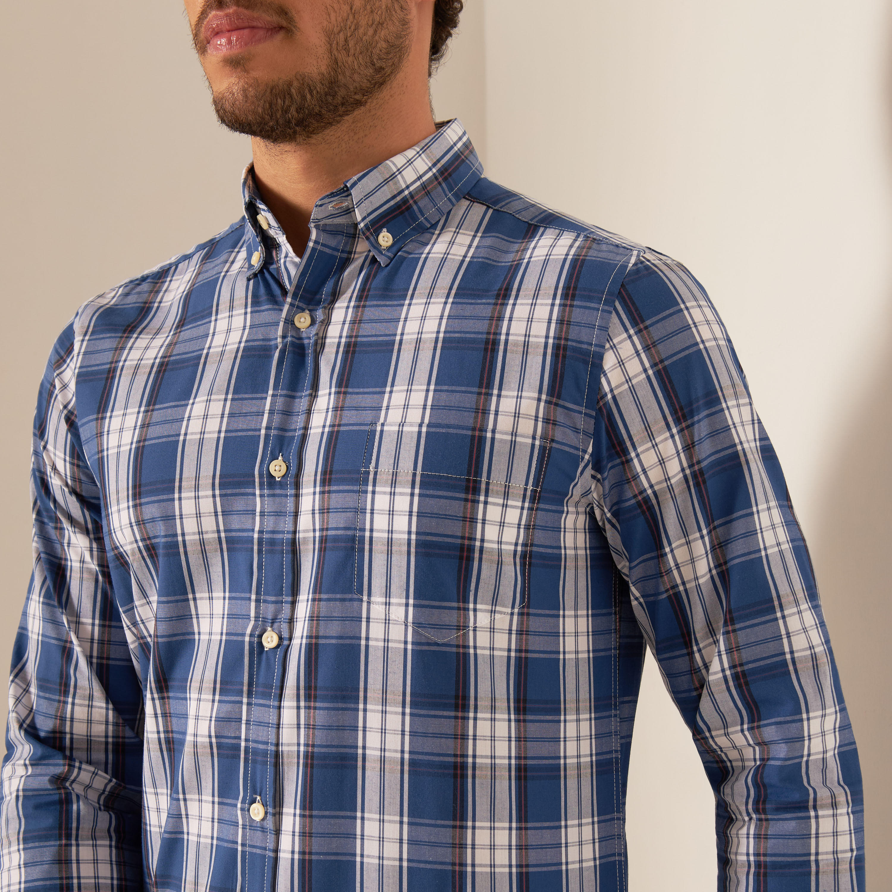 Checked Shirt with Button Down Collar and Long Sleeves-men-clothing-shirts-image-4