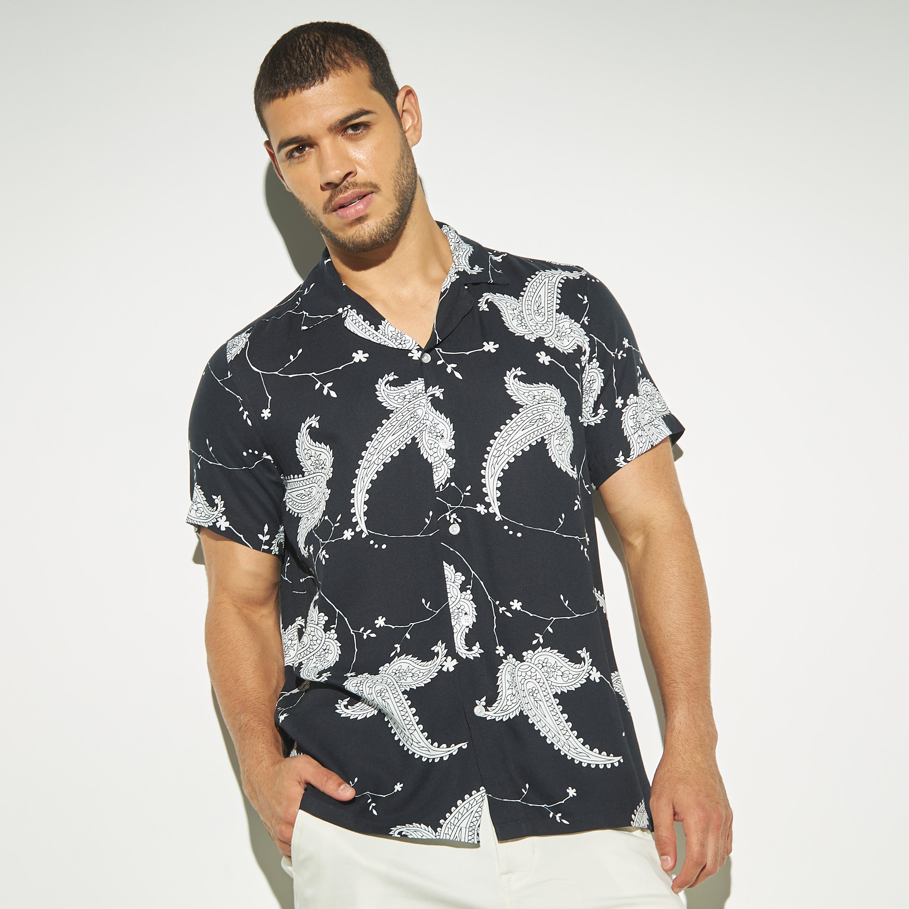 All-Over Paisley Print Shirt with Short Sleeves and Camp Collar-men-clothing-shirts-image-1