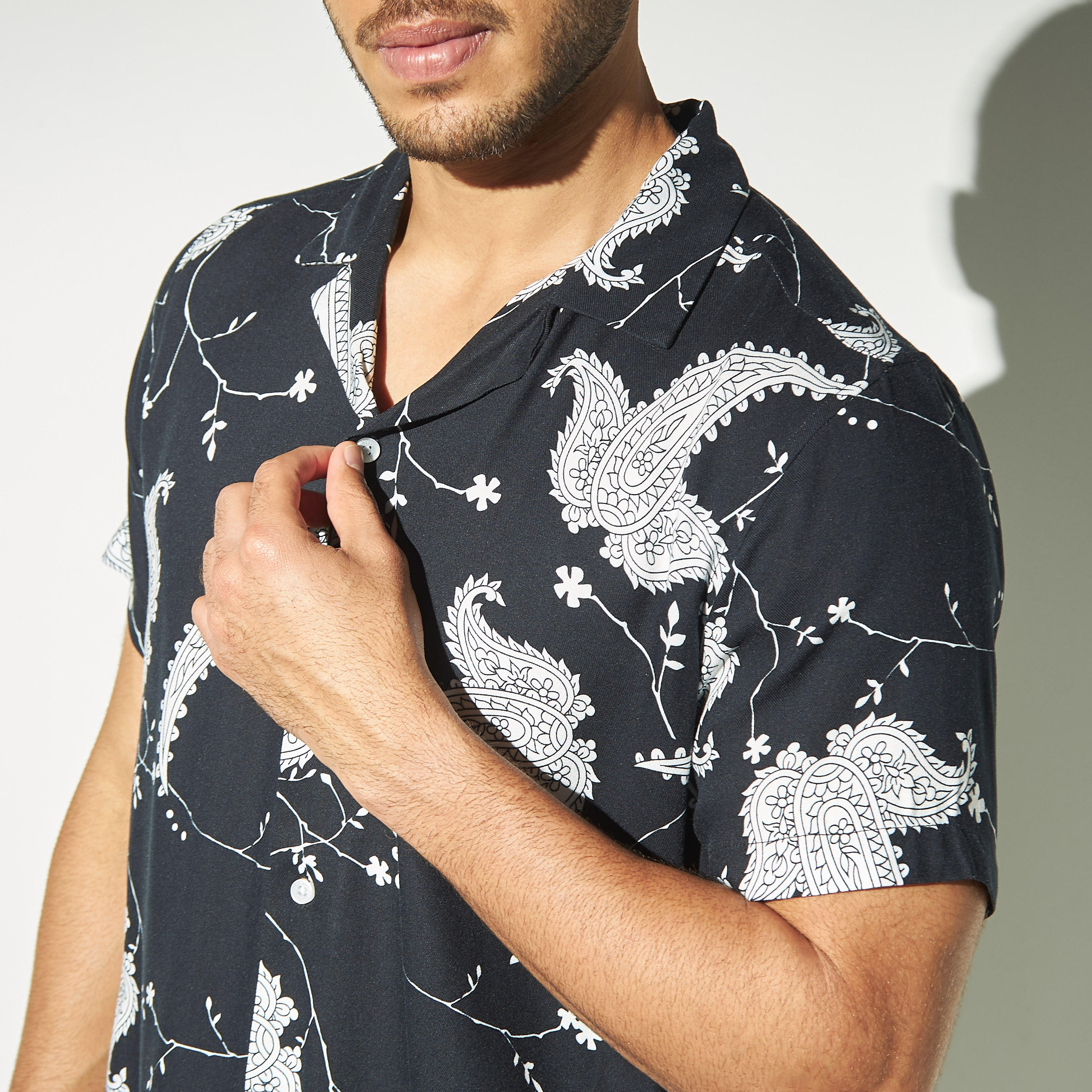 All-Over Paisley Print Shirt with Short Sleeves and Camp Collar-men-clothing-shirts-image-4