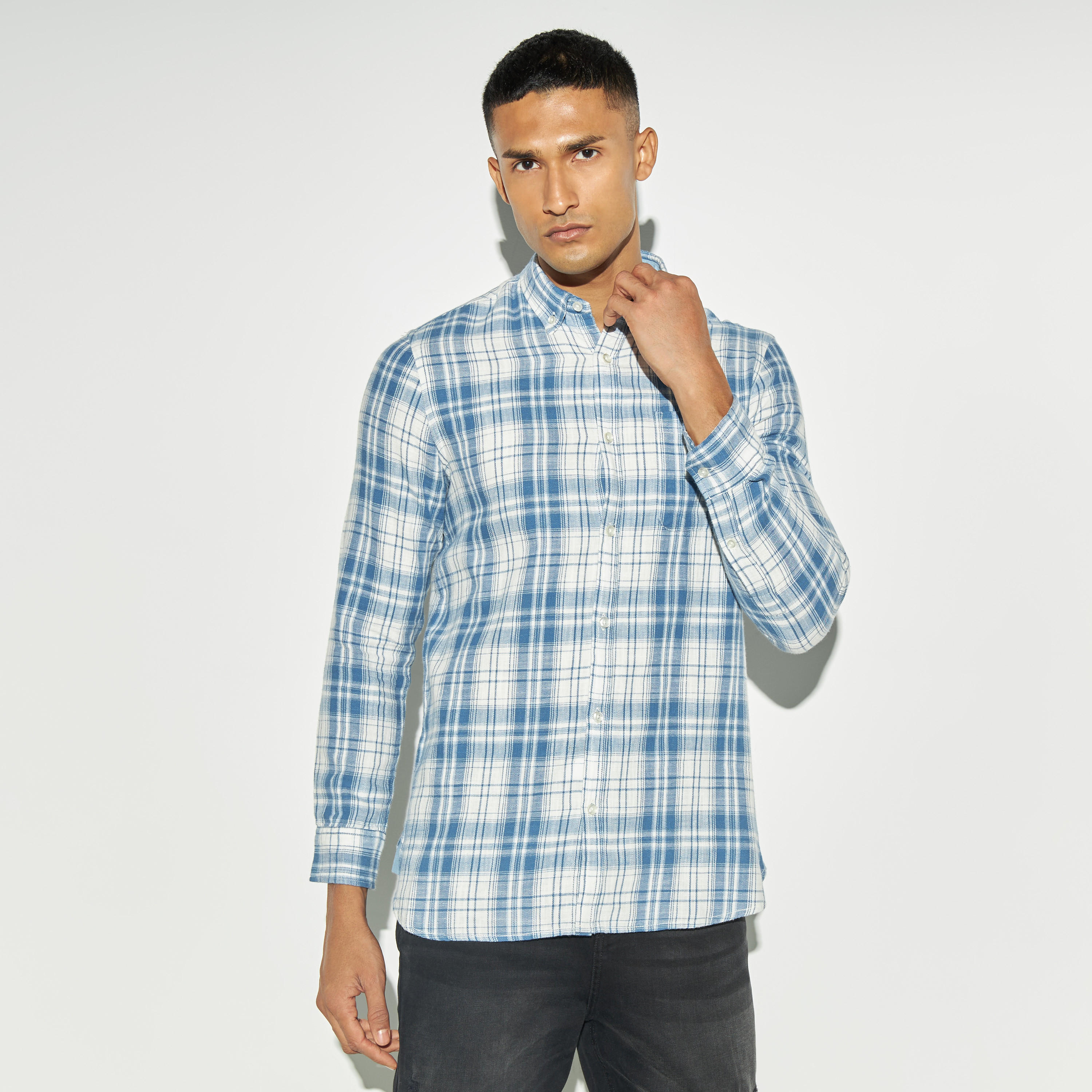 Checked Shirt with Button Down Collar and Pocket-men-clothing-shirts-image-1