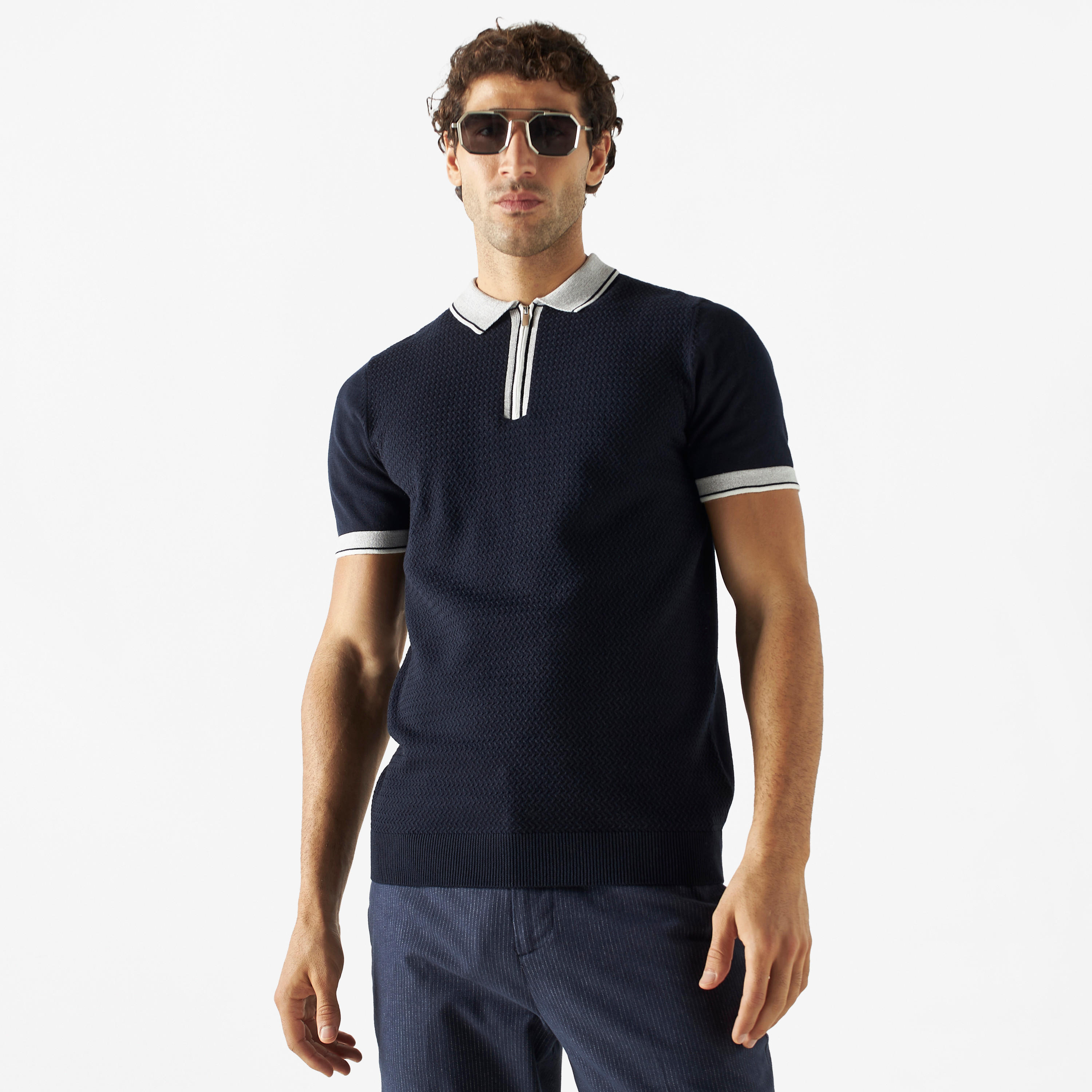 Textured Polo Sweater with Zip Closure-men-clothing-tshirtsandpolos-polos-image-1