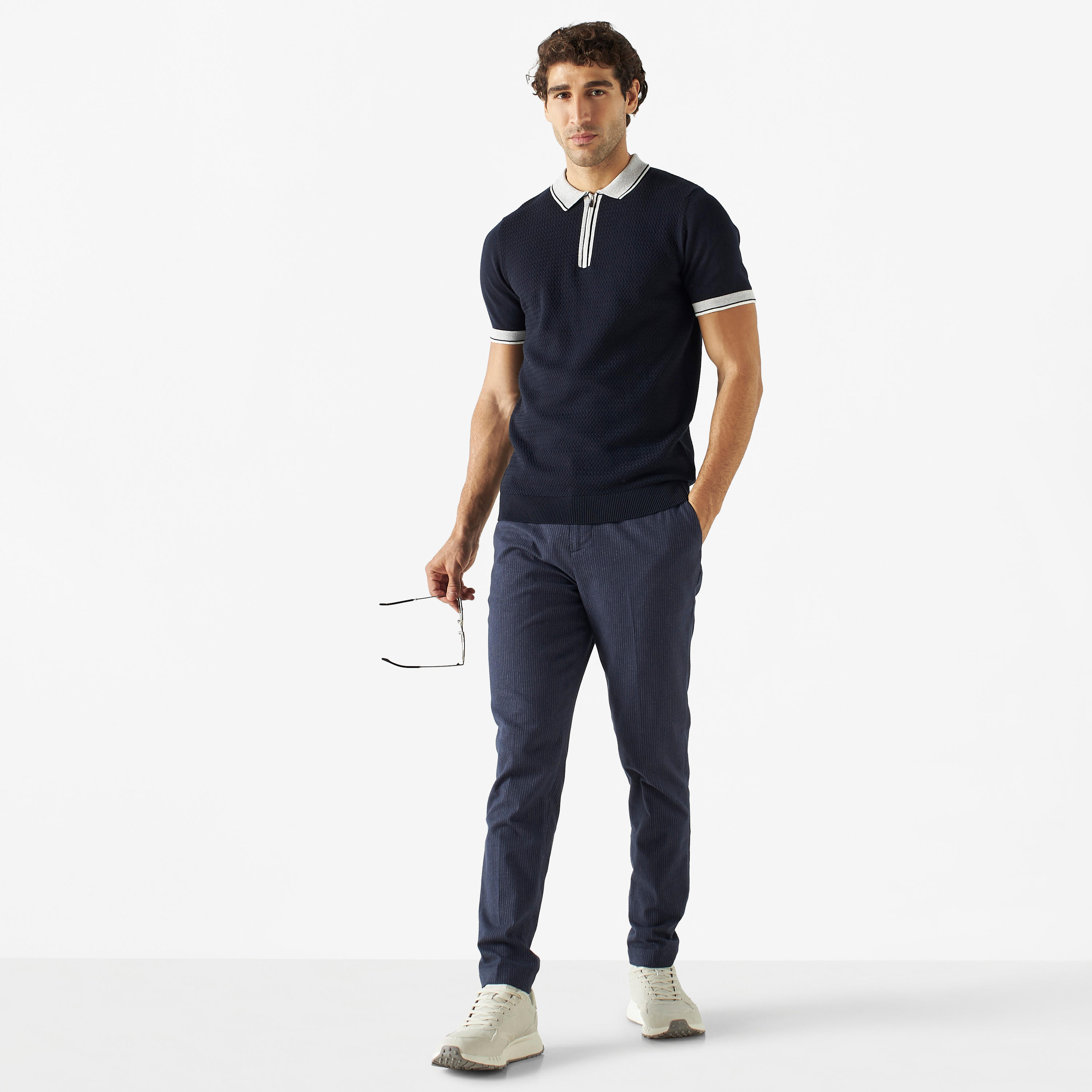 Textured Polo Sweater with Zip Closure-men-clothing-tshirtsandpolos-polos-image-2