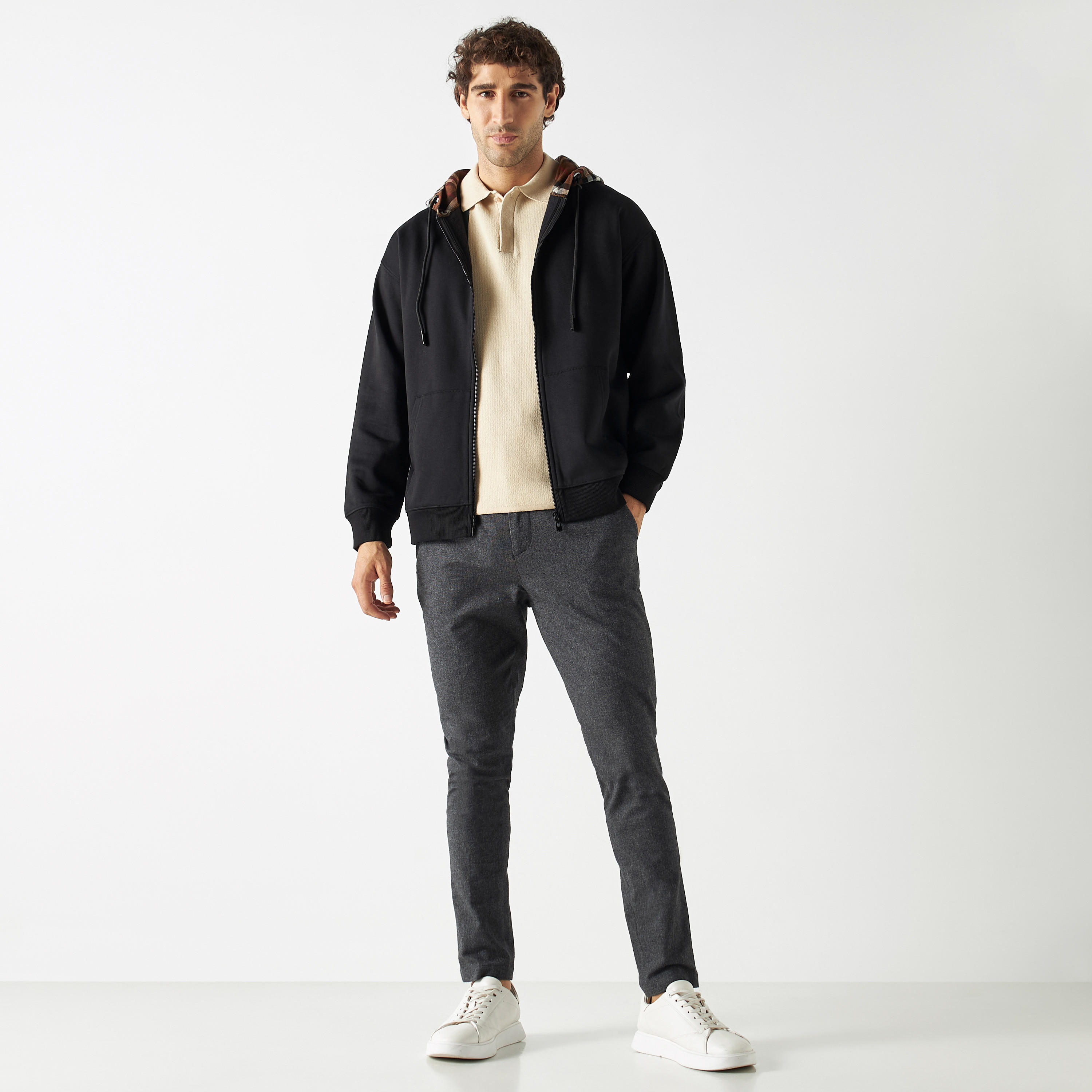 هودي كاروهات بسحّاب وأكمام طويلة من آيكونيك-men-winterwear-hoodiesandsweatshirts-image-2