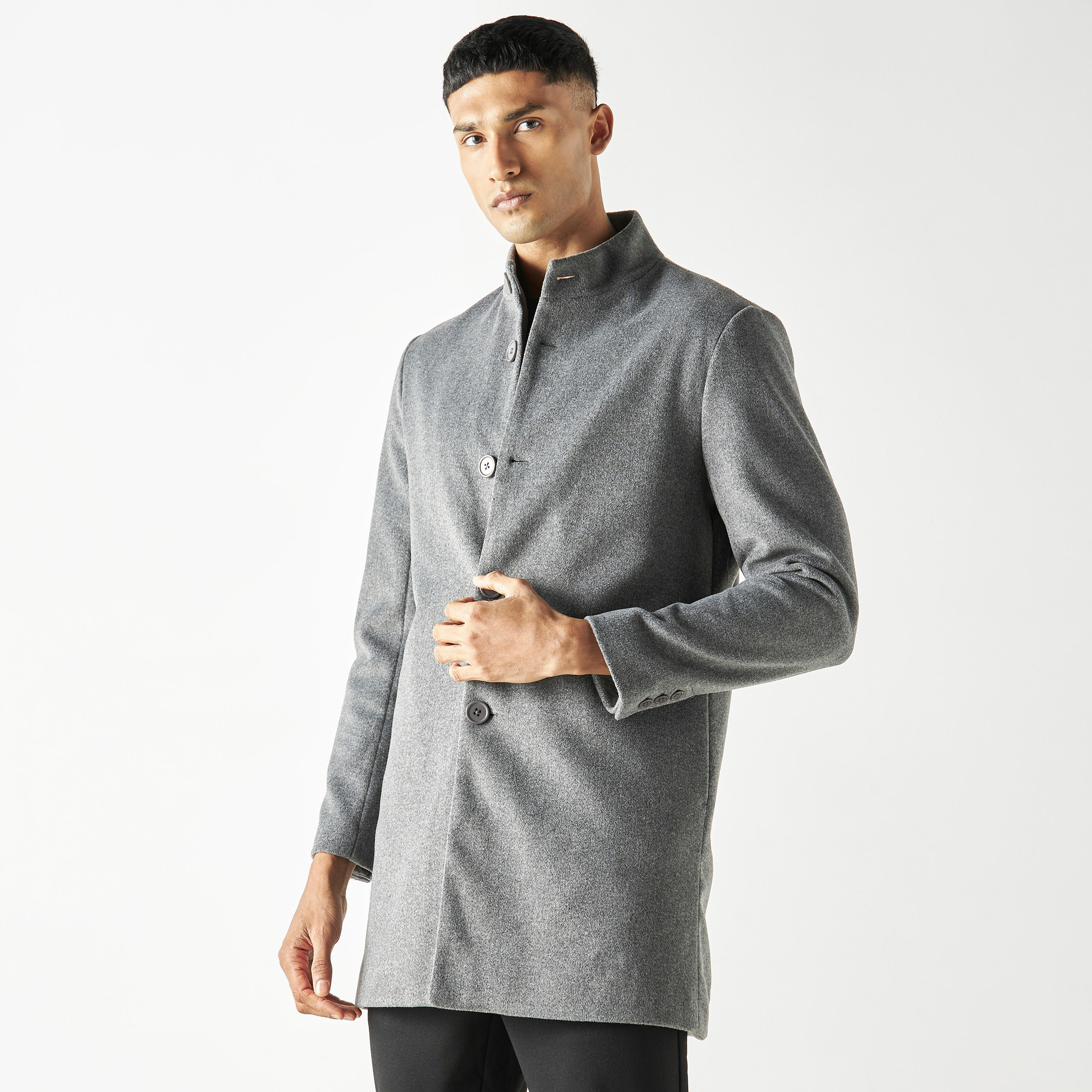 Iconic Textured Mandarin Collar Jacket with Pockets-men-clothing-jacketsandblazers-jackets-image-1