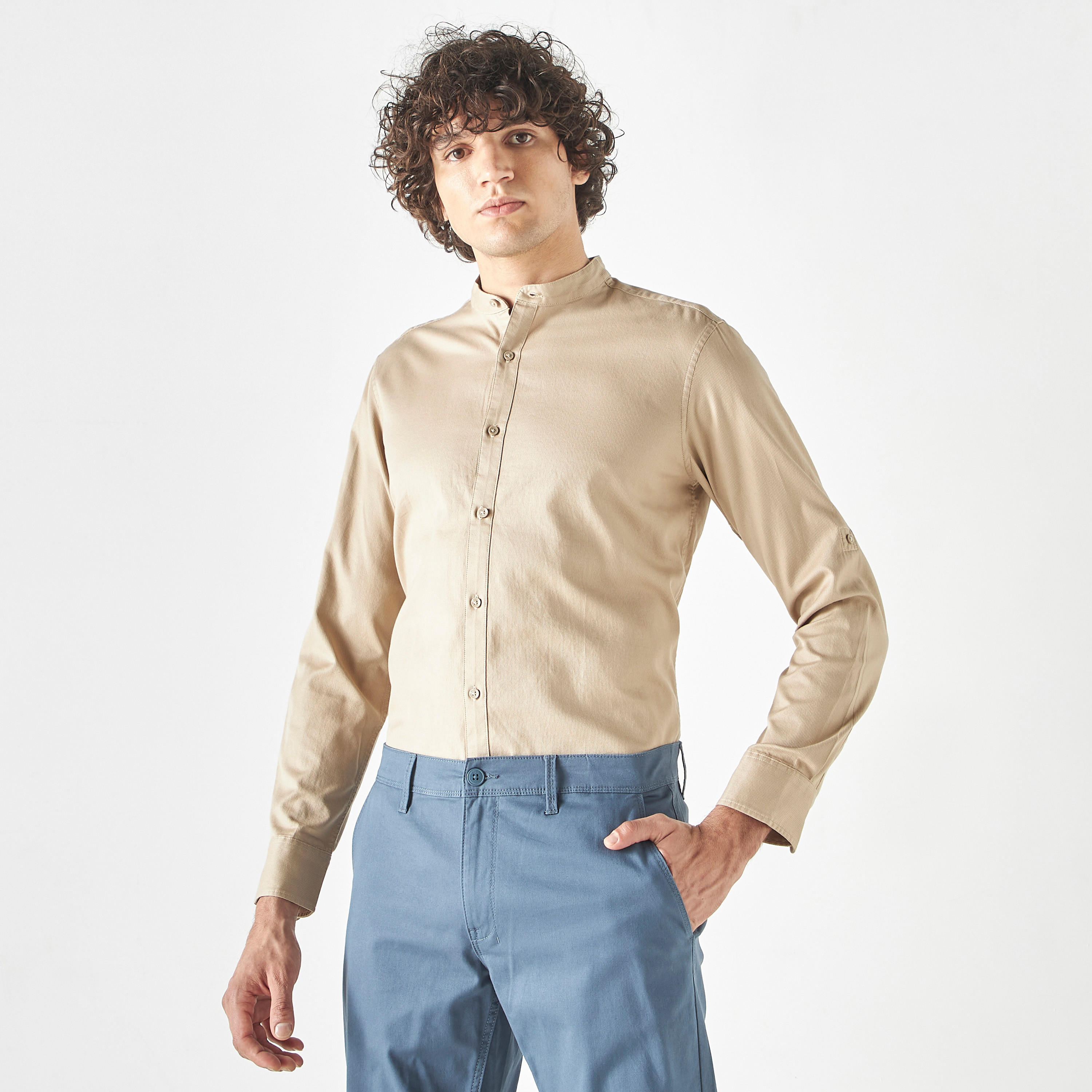 قميص بارز الملمس بقصة سليم بياقة ماندارين وأكمام طويلة-men-clothing-shirts-image-1
