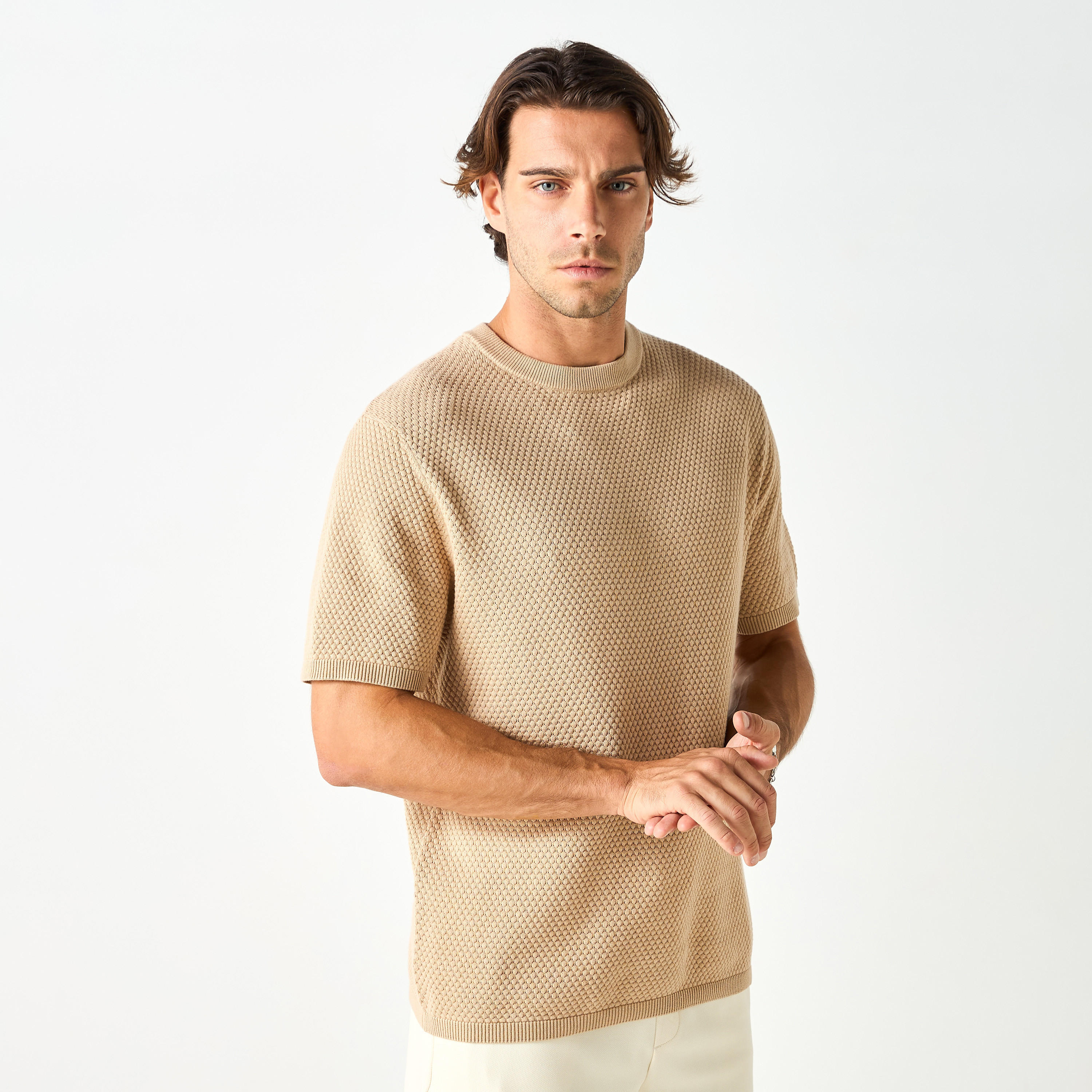Textured Crew Neck Sweater with Short Sleeves-men-clothing-tshirtsandpolos-tshirts-image-9
