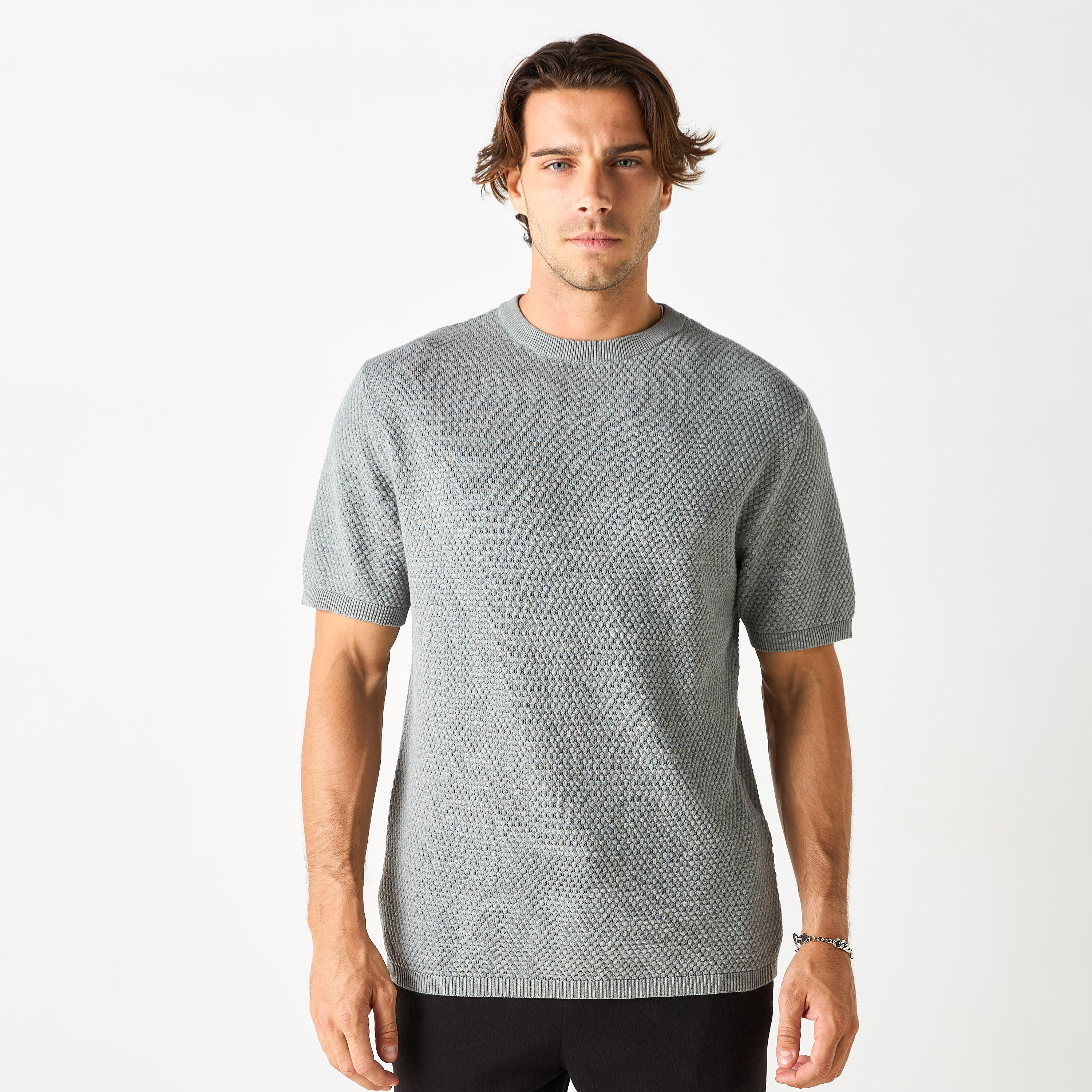Textured Crew Neck Sweater with Short Sleeves-men-clothing-tshirtsandpolos-tshirts-image-5