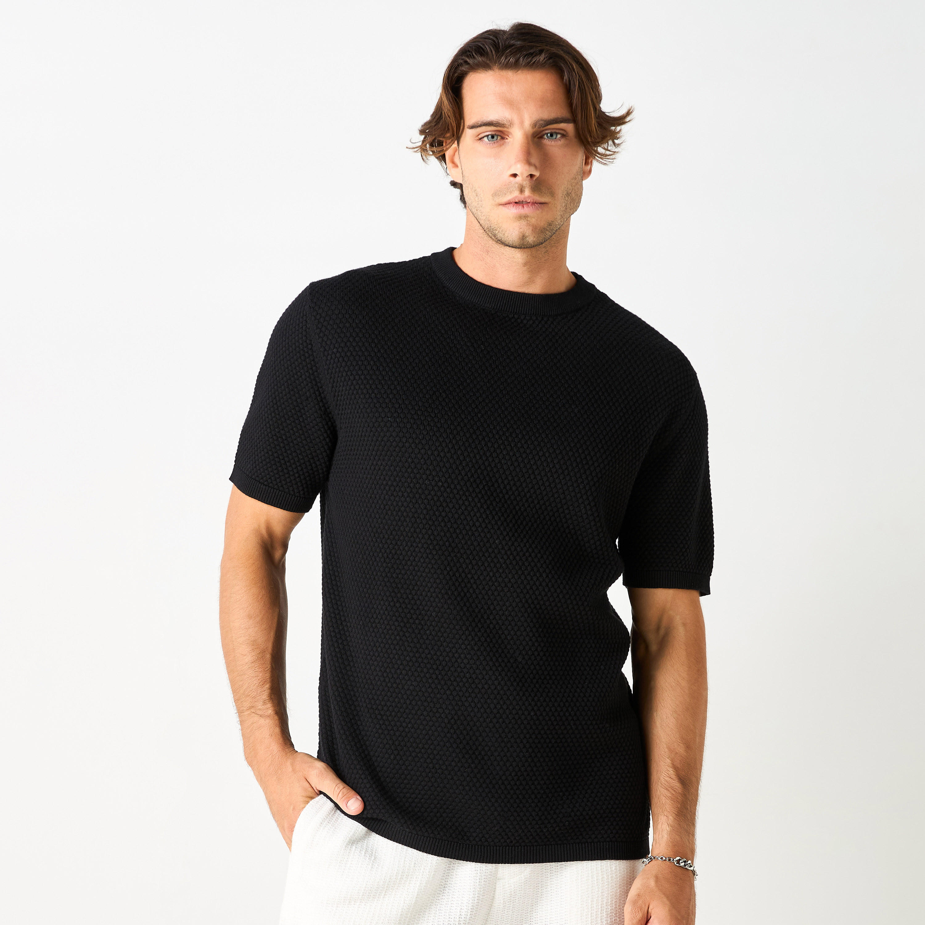Textured Crew Neck Sweater with Short Sleeves-men-clothing-tshirtsandpolos-tshirts-image-1