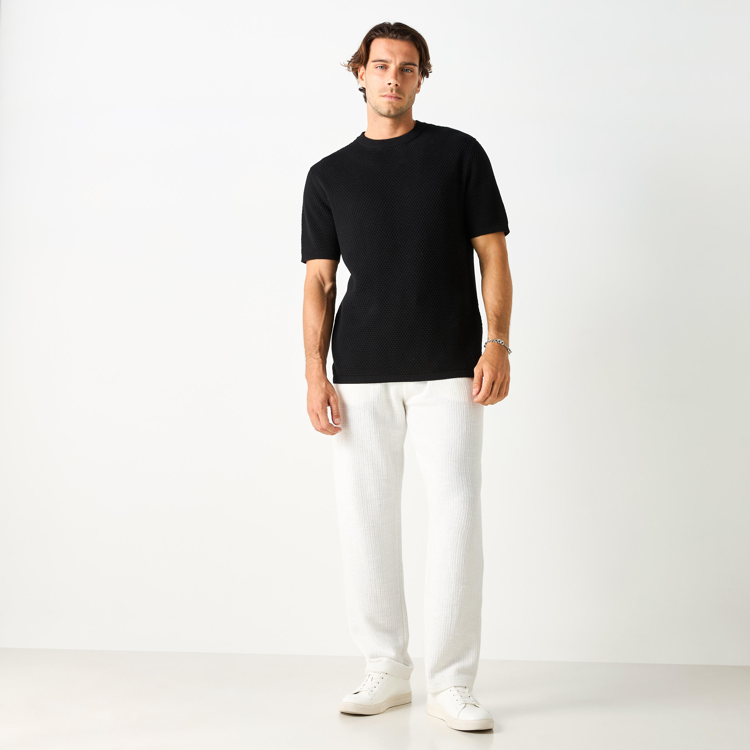 Textured Crew Neck Sweater with Short Sleeves-men-clothing-tshirtsandpolos-tshirts-image-2