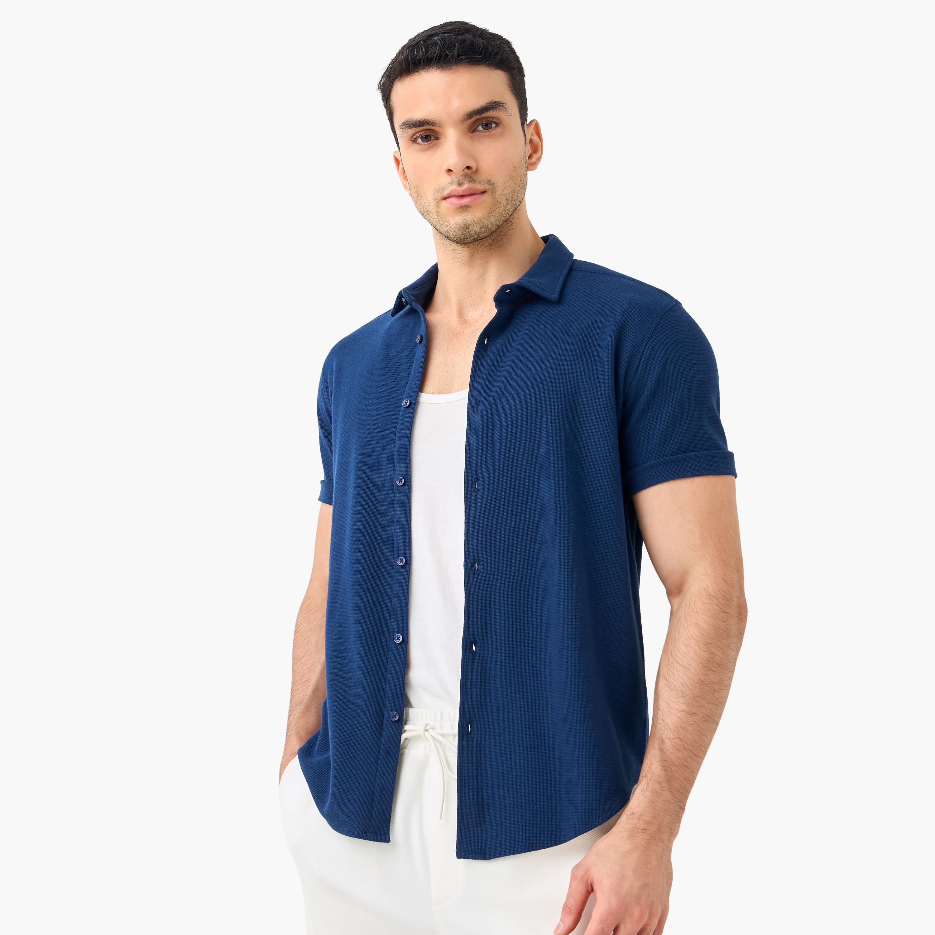 Slim Fit Textured Shirt with Collar and Short Sleeves-men-clothing-shirts-image-10