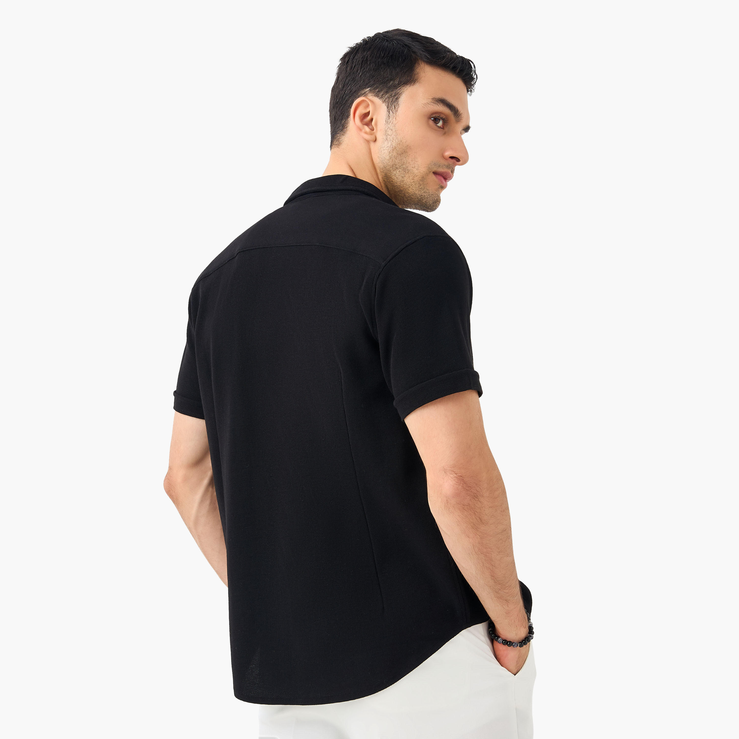 Slim Fit Textured Shirt with Collar and Short Sleeves-men-clothing-shirts-image-24