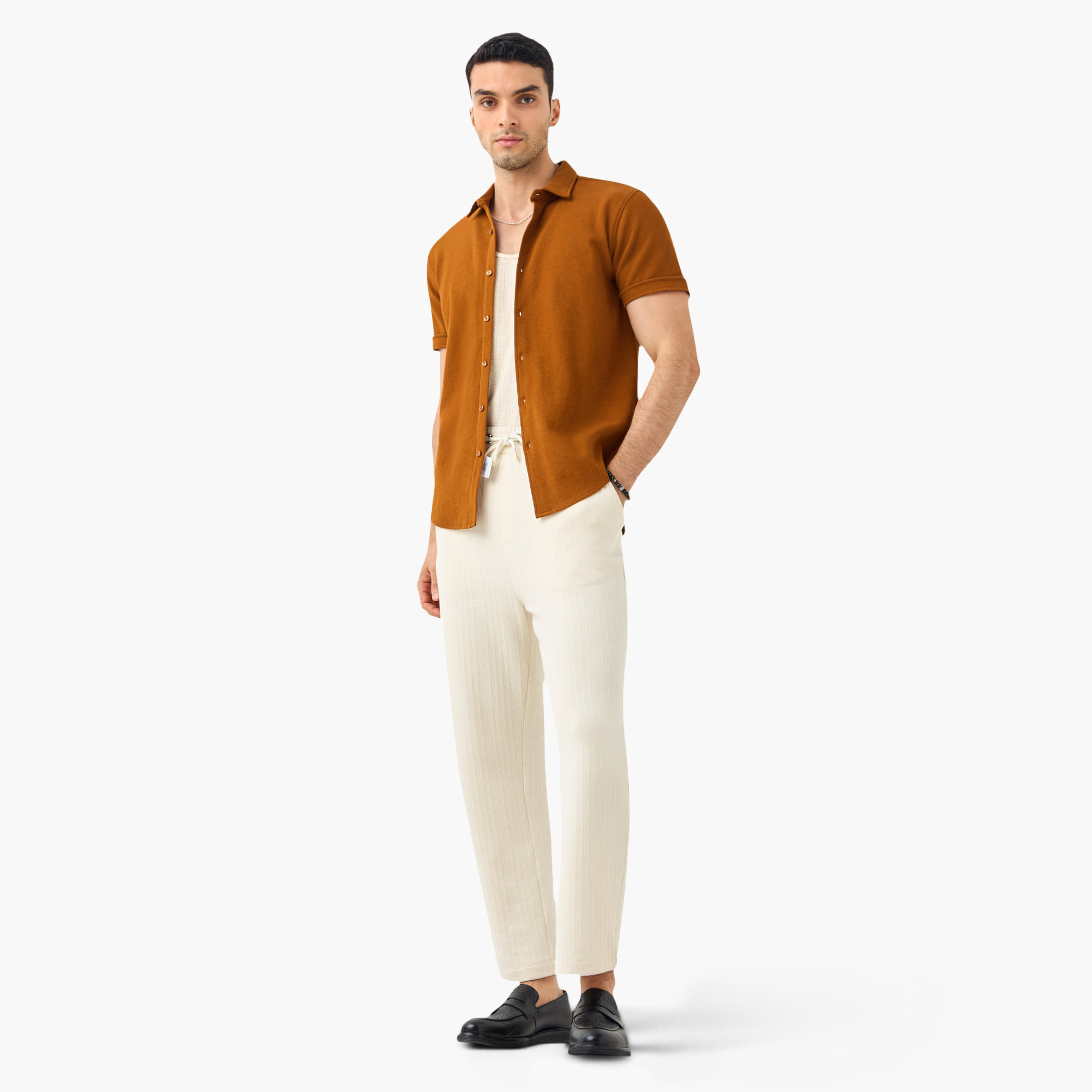 Slim Fit Textured Shirt with Collar and Short Sleeves-men-clothing-shirts-image-18