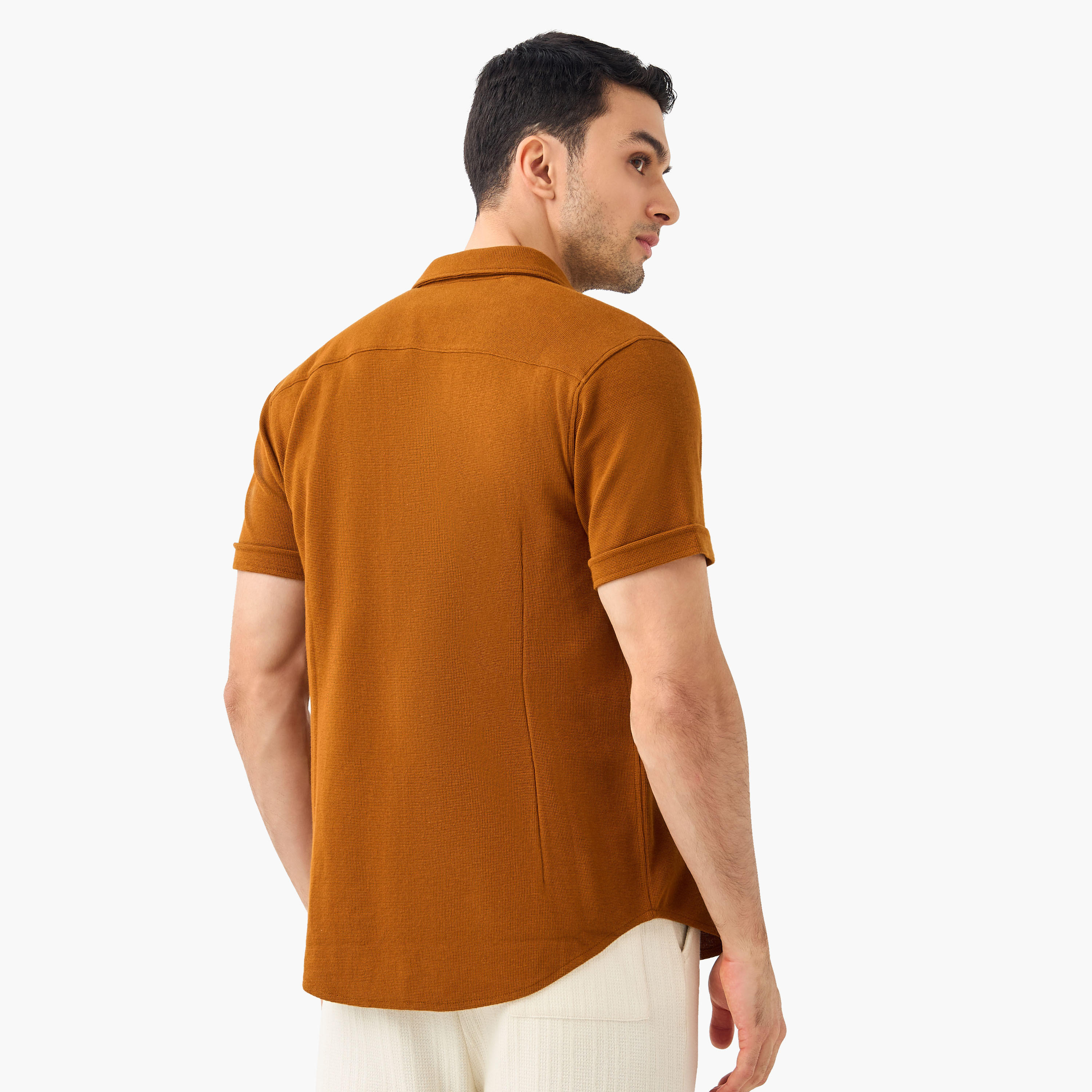 Slim Fit Textured Shirt with Collar and Short Sleeves-men-clothing-shirts-image-19