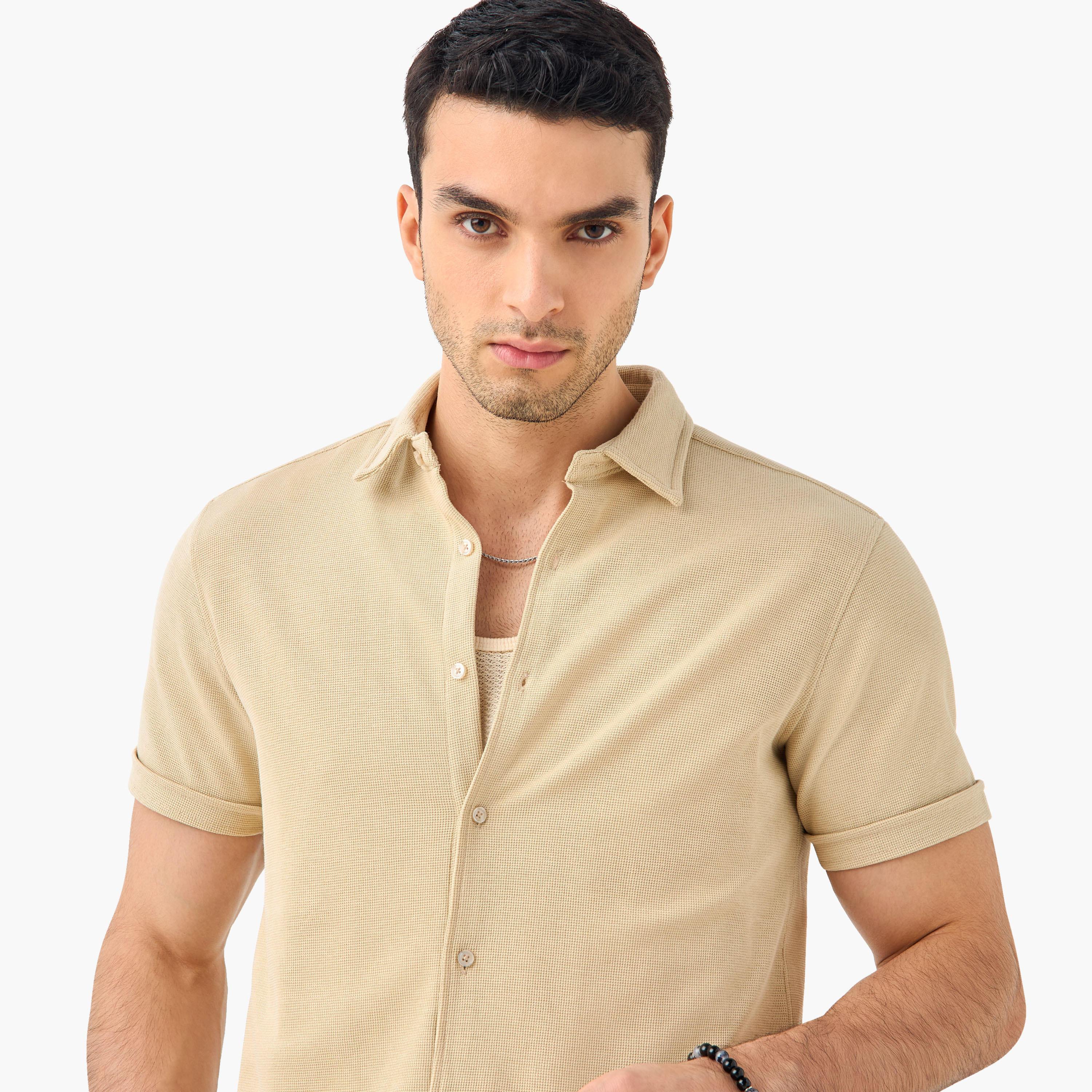Slim Fit Textured Shirt with Collar and Short Sleeves-men-clothing-shirts-image-15