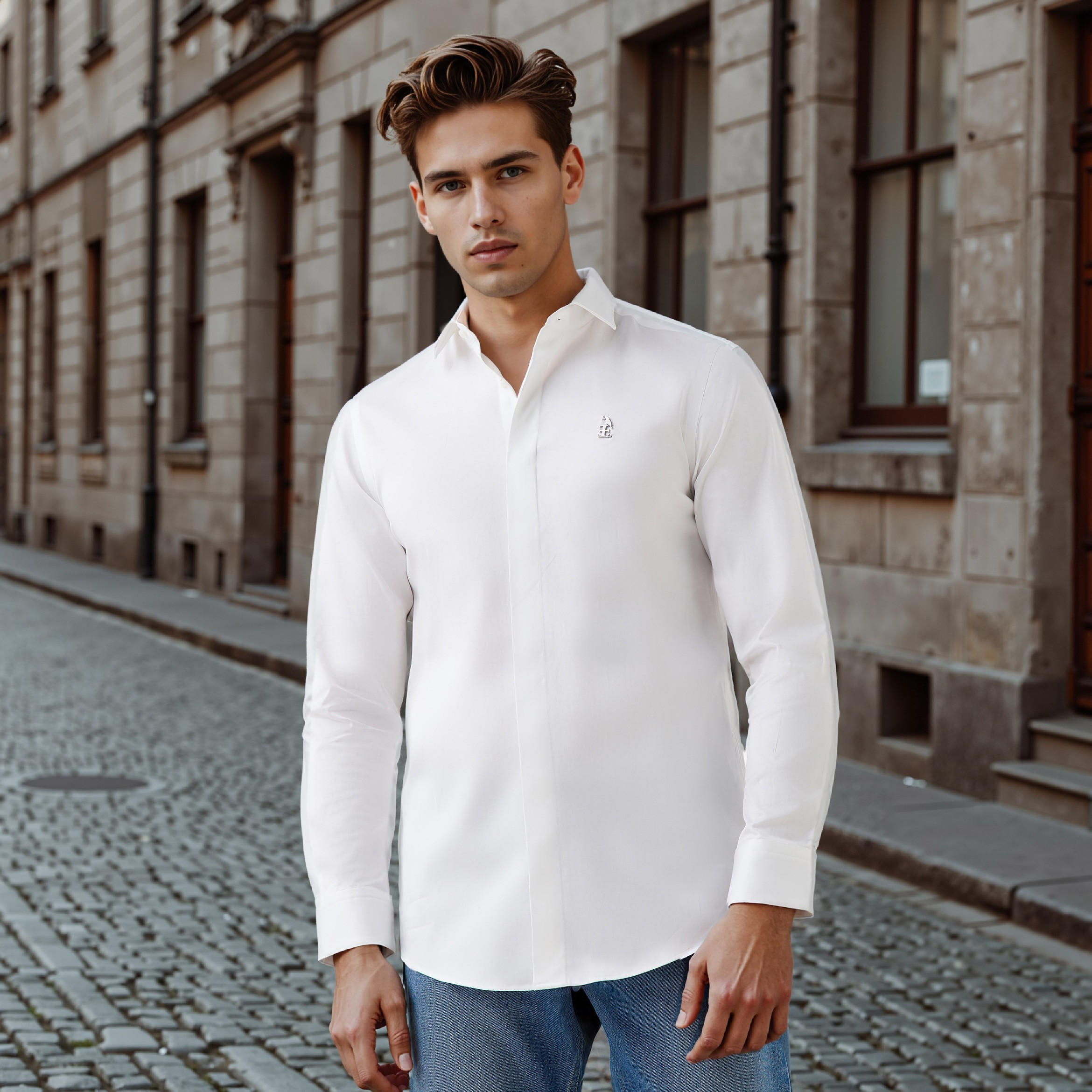 قميص بقصّة عادية وأكمام طويلة وتفاصيل الشعار من إمبيرور-men-clothing-shirts-image-1