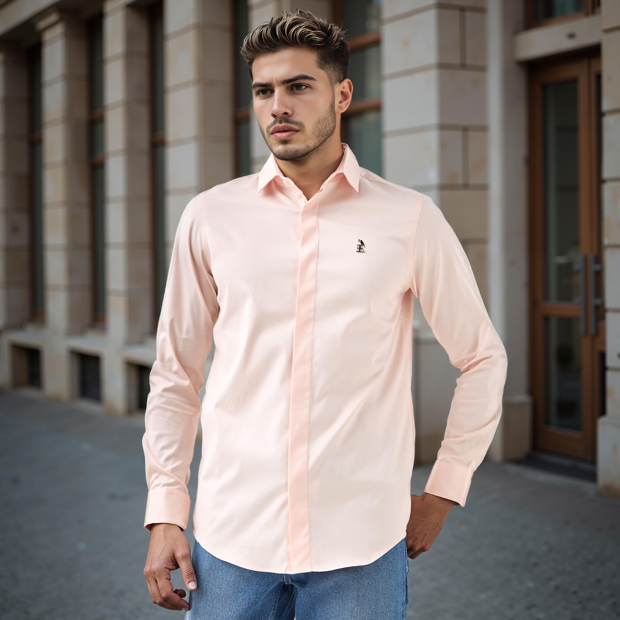 قميص بقصّة عادية وأكمام طويلة وتفاصيل الشعار من إمبيرور-men-clothing-shirts-image-1