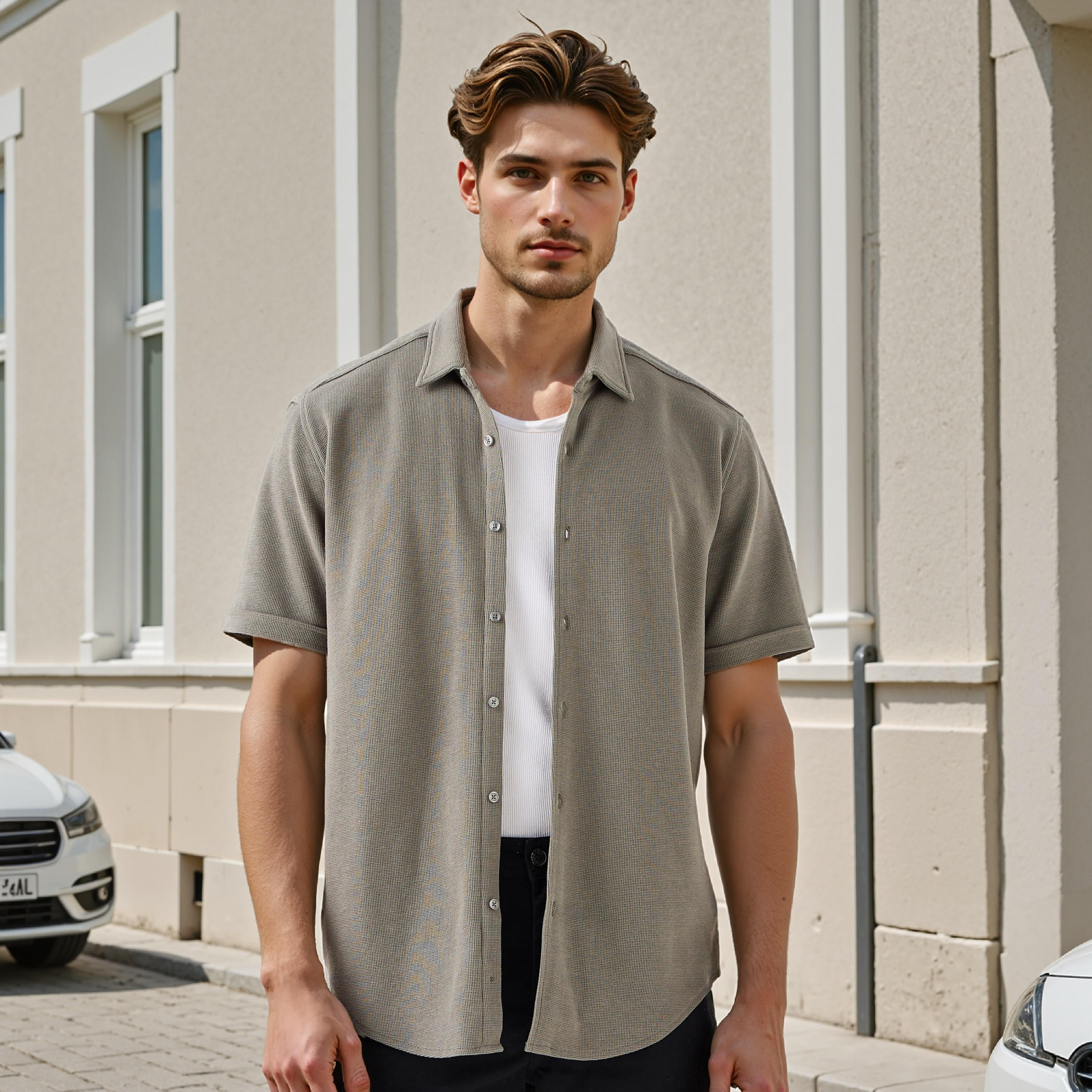 قميص بارز الملمس بقصة سليم وأكمام قصيرة-men-clothing-shirts-image-4