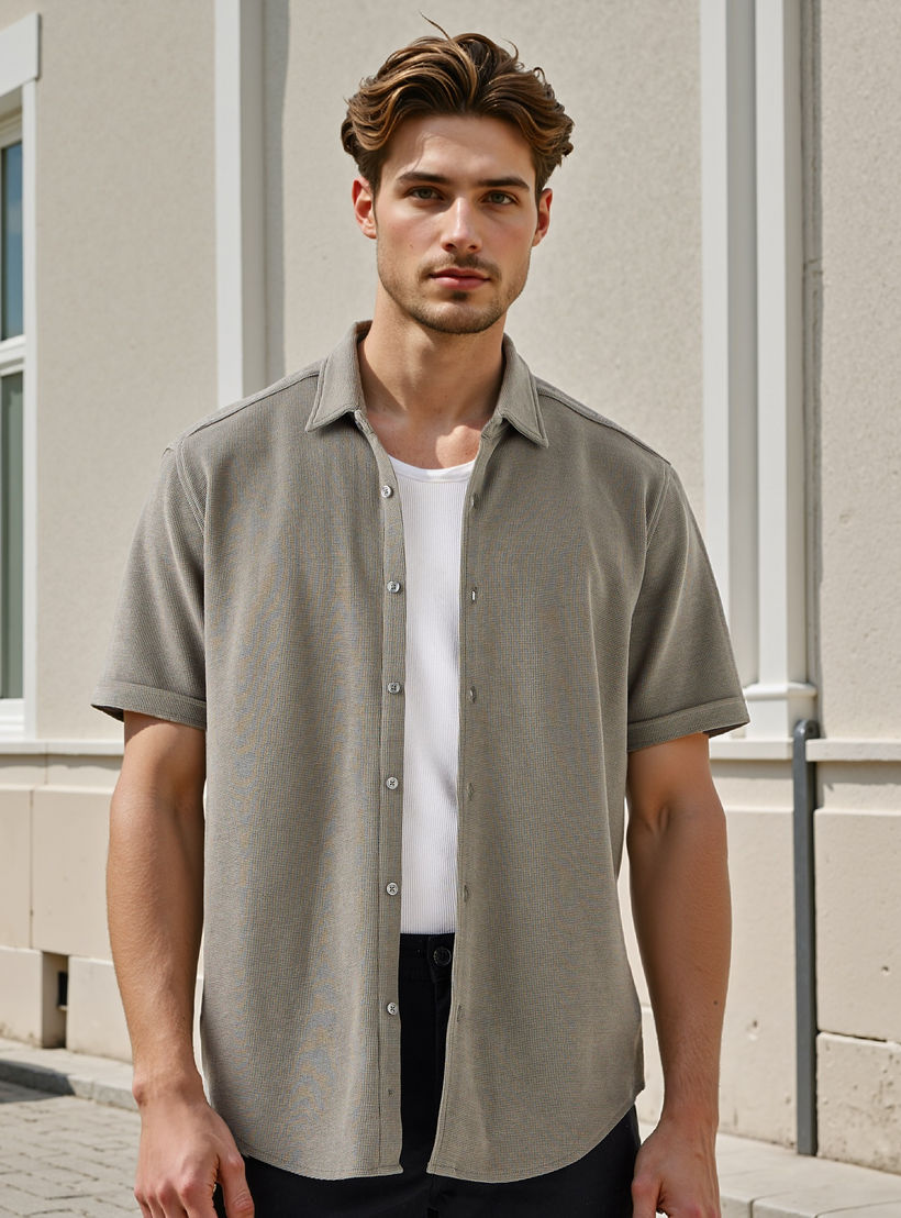 قميص بارز الملمس بقصة سليم وأكمام قصيرة-men-clothing-shirts-image-1
