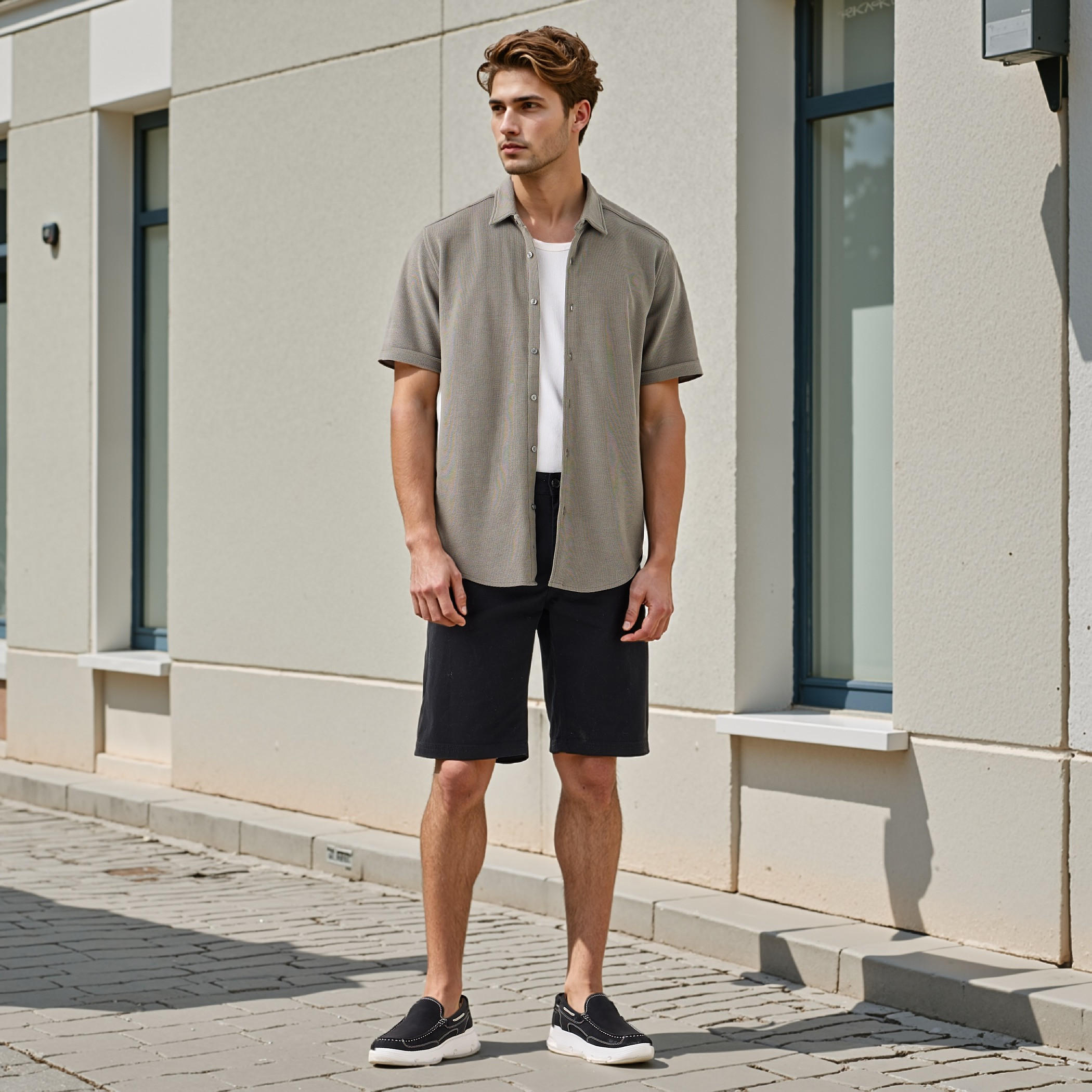 قميص بارز الملمس بقصة سليم وأكمام قصيرة-men-clothing-shirts-image-2