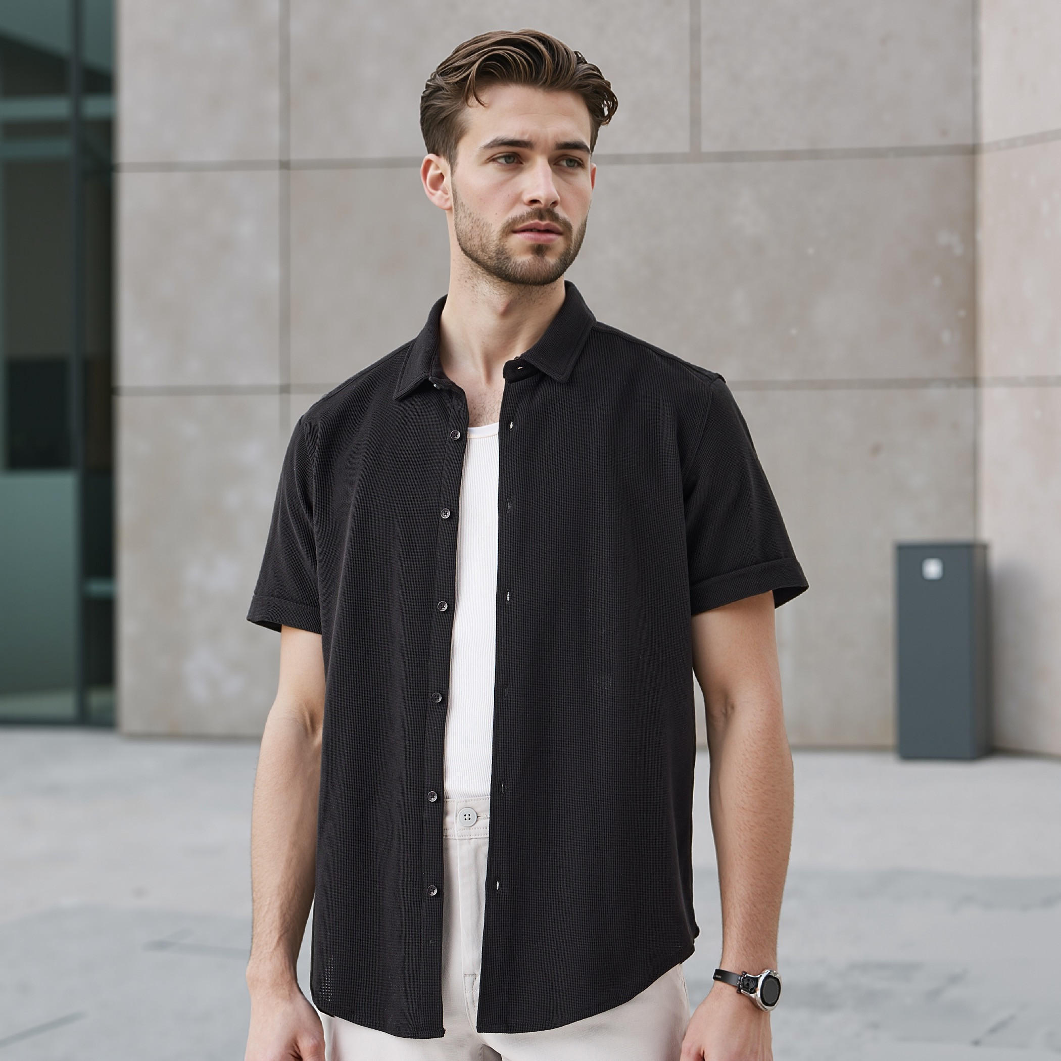 قميص بارز الملمس بقصة سليم وأكمام قصيرة-men-clothing-shirts-image-4