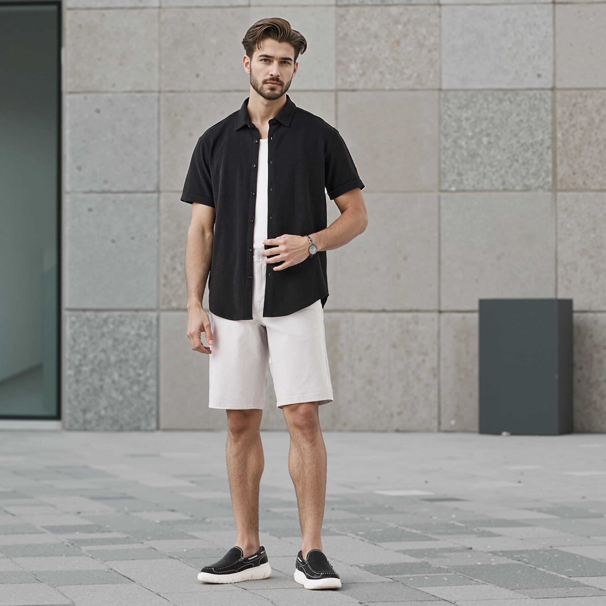 قميص بارز الملمس بقصة سليم وأكمام قصيرة-men-clothing-shirts-image-3