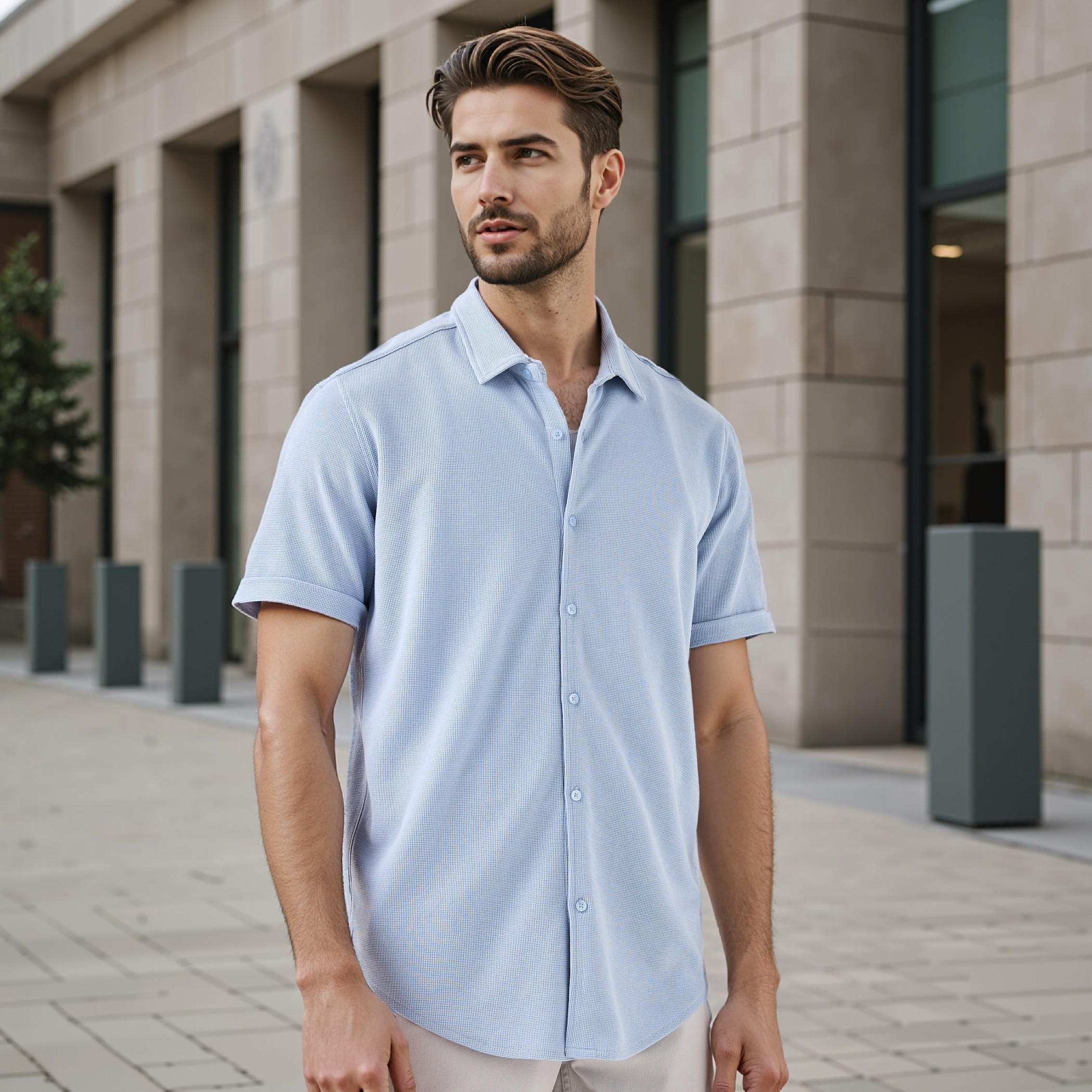 قميص بارز الملمس بقصة سليم وأكمام قصيرة-men-clothing-shirts-image-1