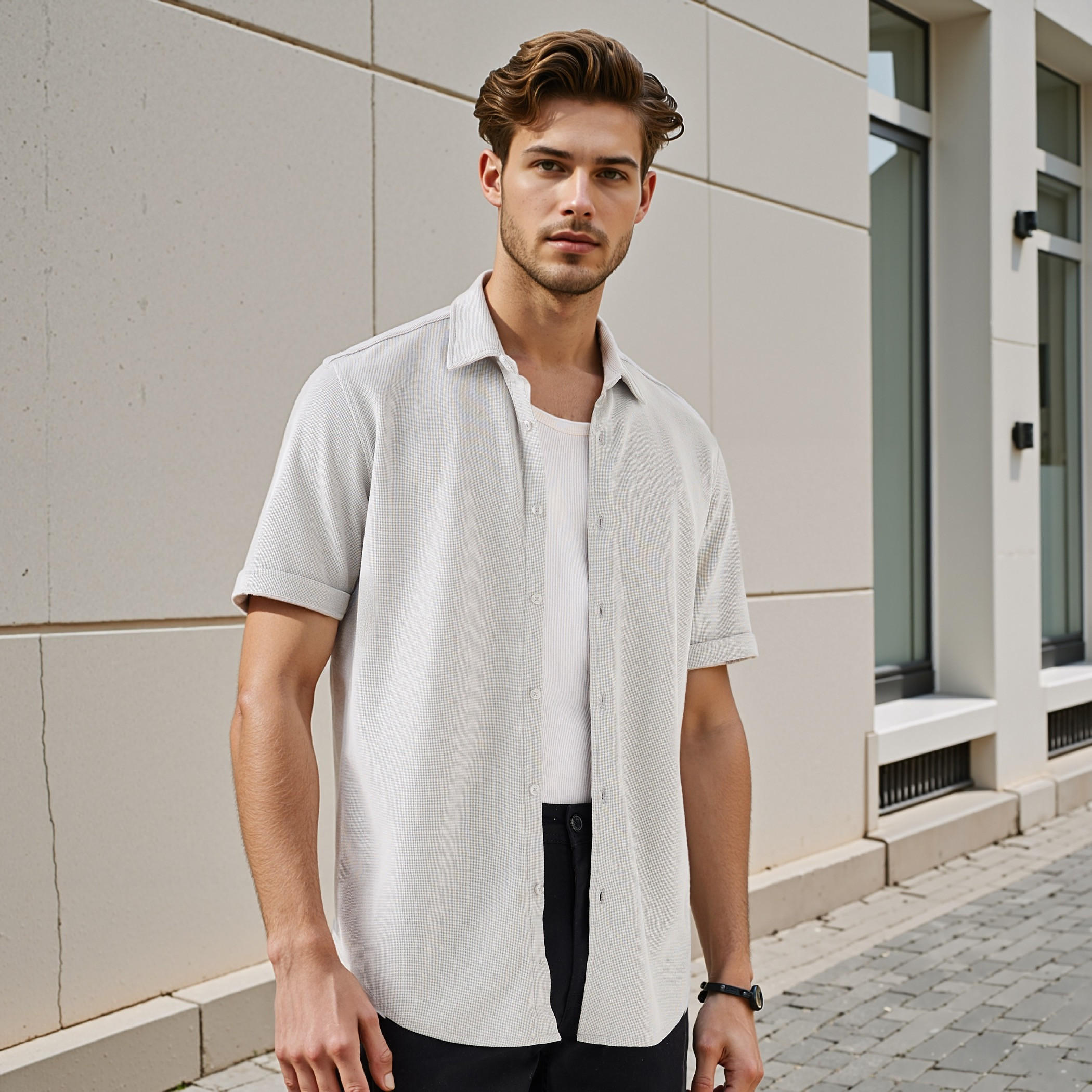 Textured Slim-Fit Shirt with Short Sleeves-men-clothing-shirts-image-1