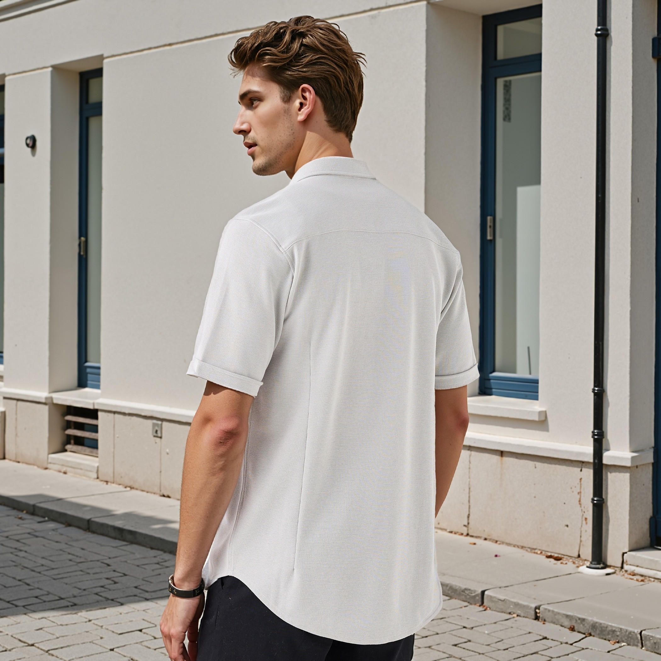 Textured Slim-Fit Shirt with Short Sleeves-men-clothing-shirts-image-3