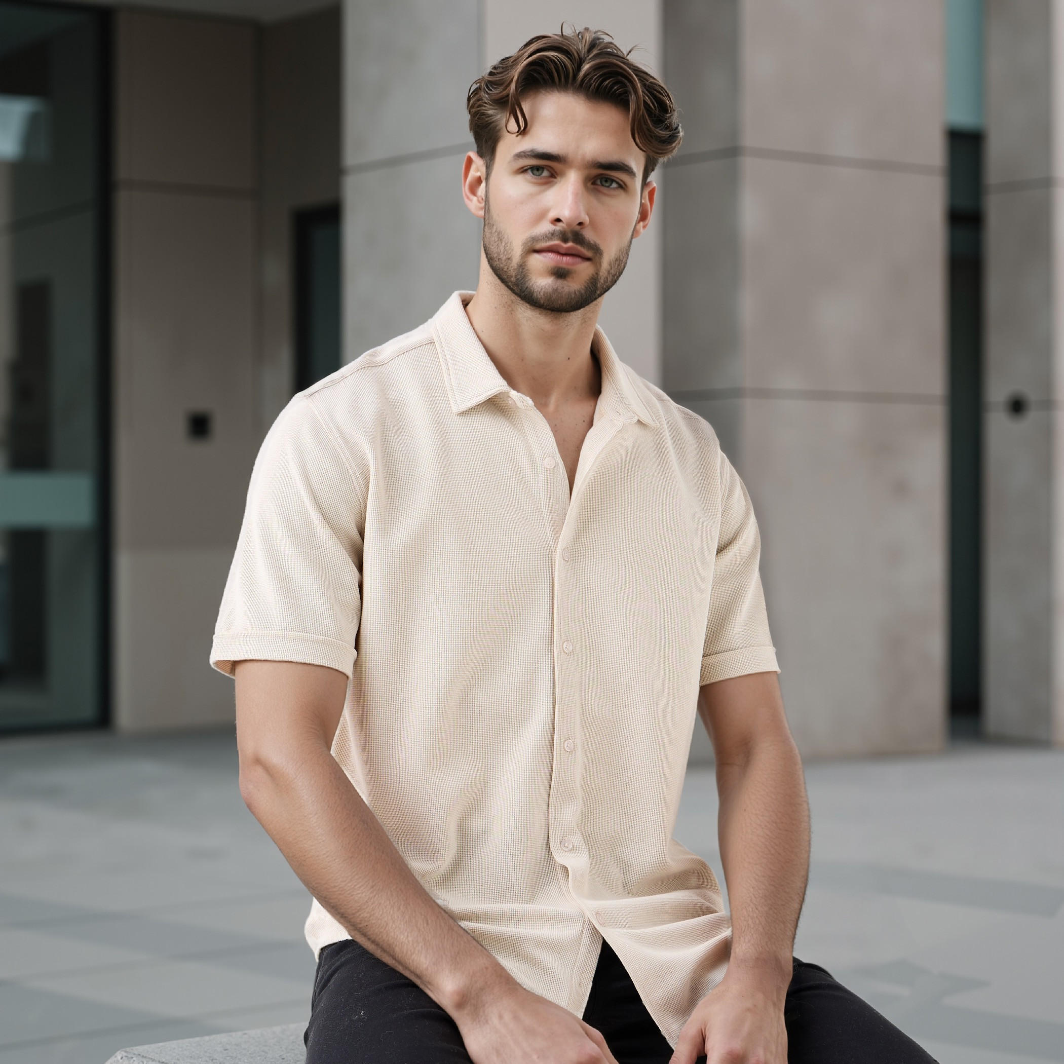Textured Slim-Fit Shirt with Short Sleeves-men-clothing-shirts-image-1