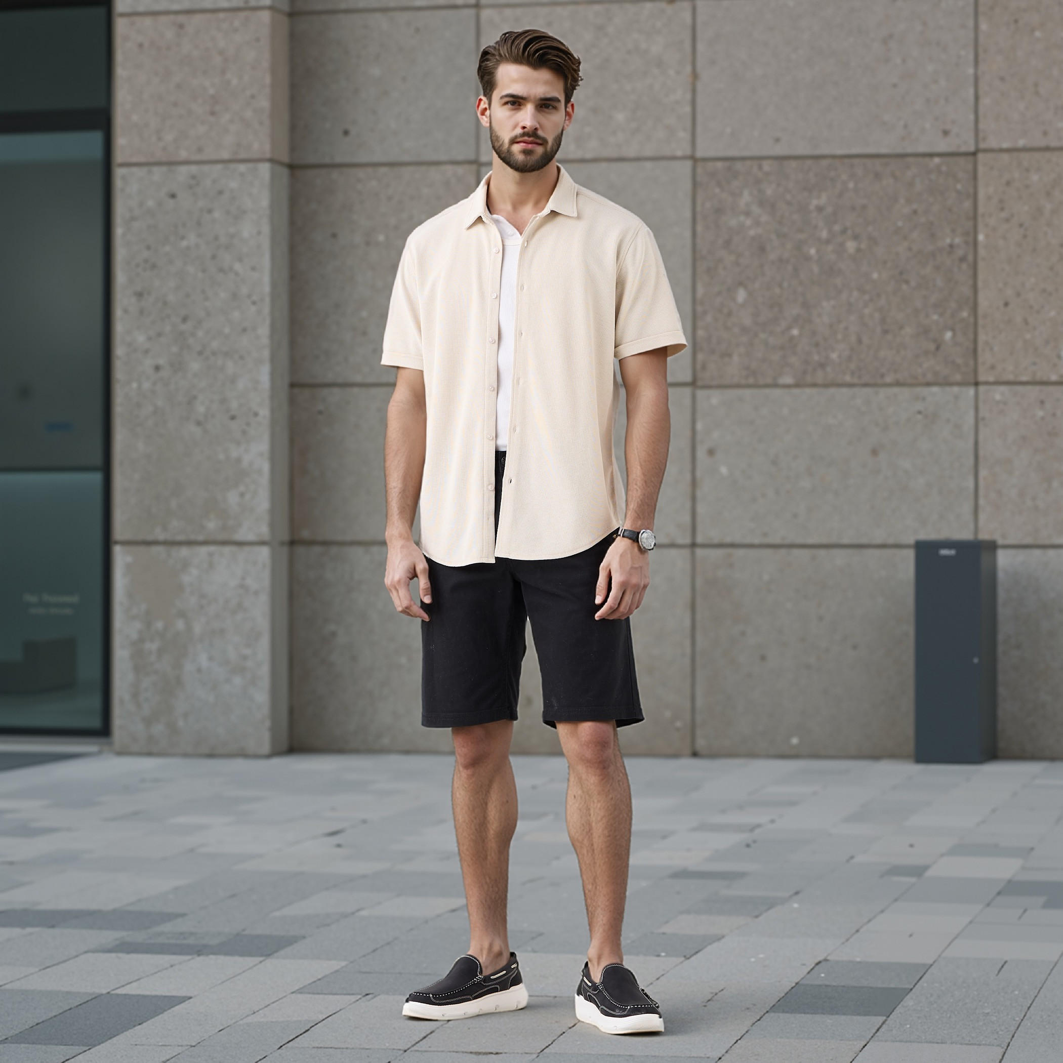 Textured Slim-Fit Shirt with Short Sleeves-men-clothing-shirts-image-2