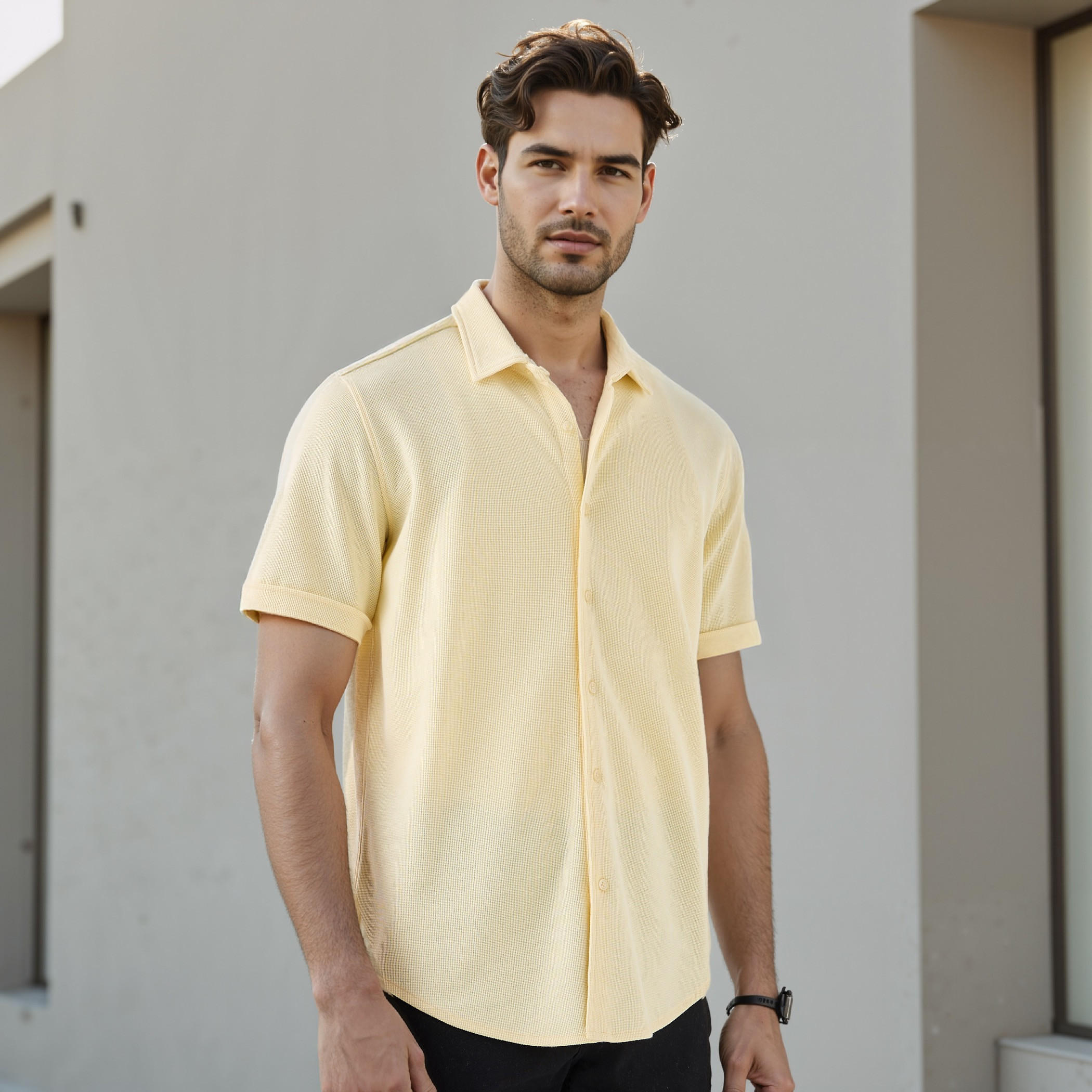 Textured Slim-Fit Shirt with Short Sleeves-men-clothing-shirts-image-1