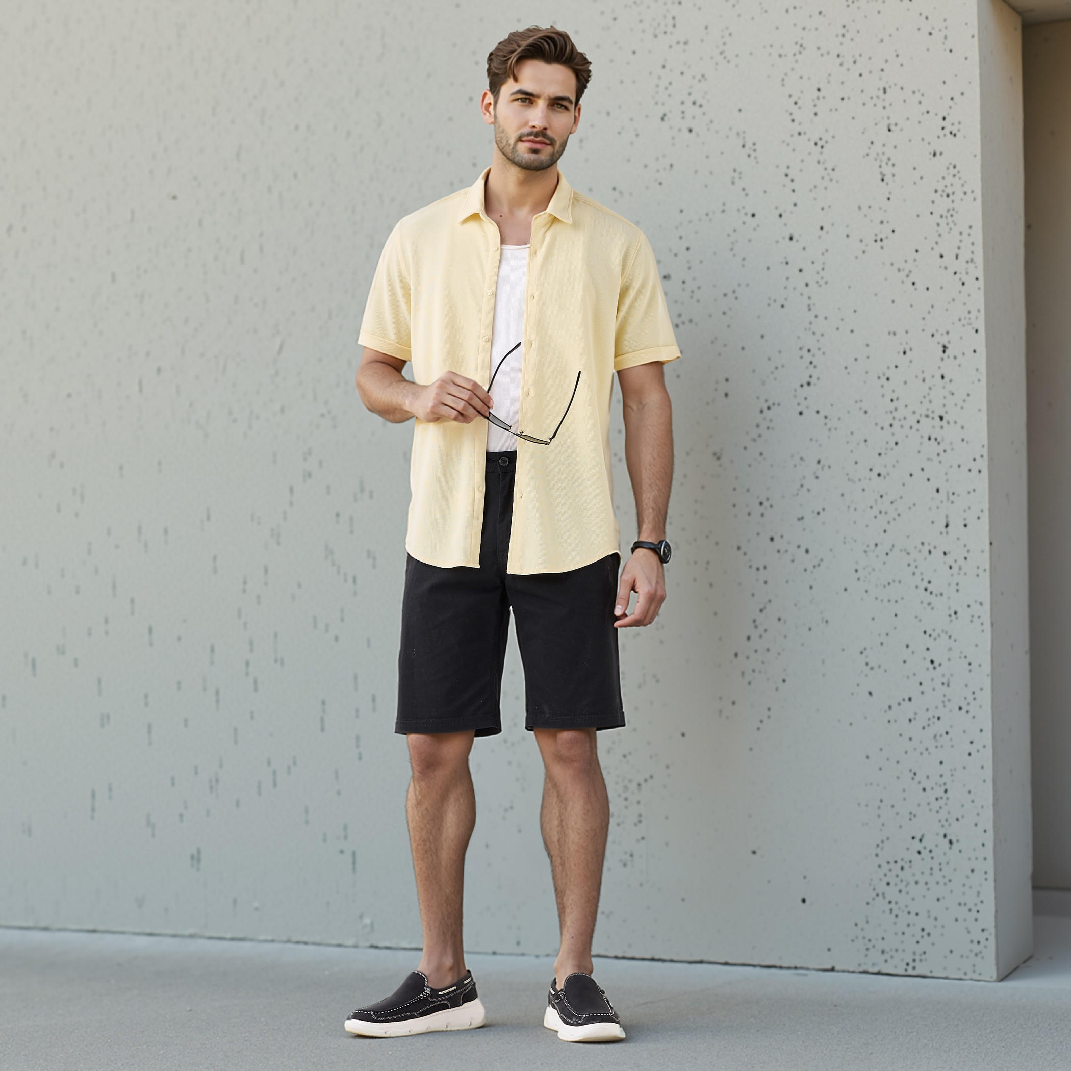 Textured Slim-Fit Shirt with Short Sleeves-men-clothing-shirts-image-2