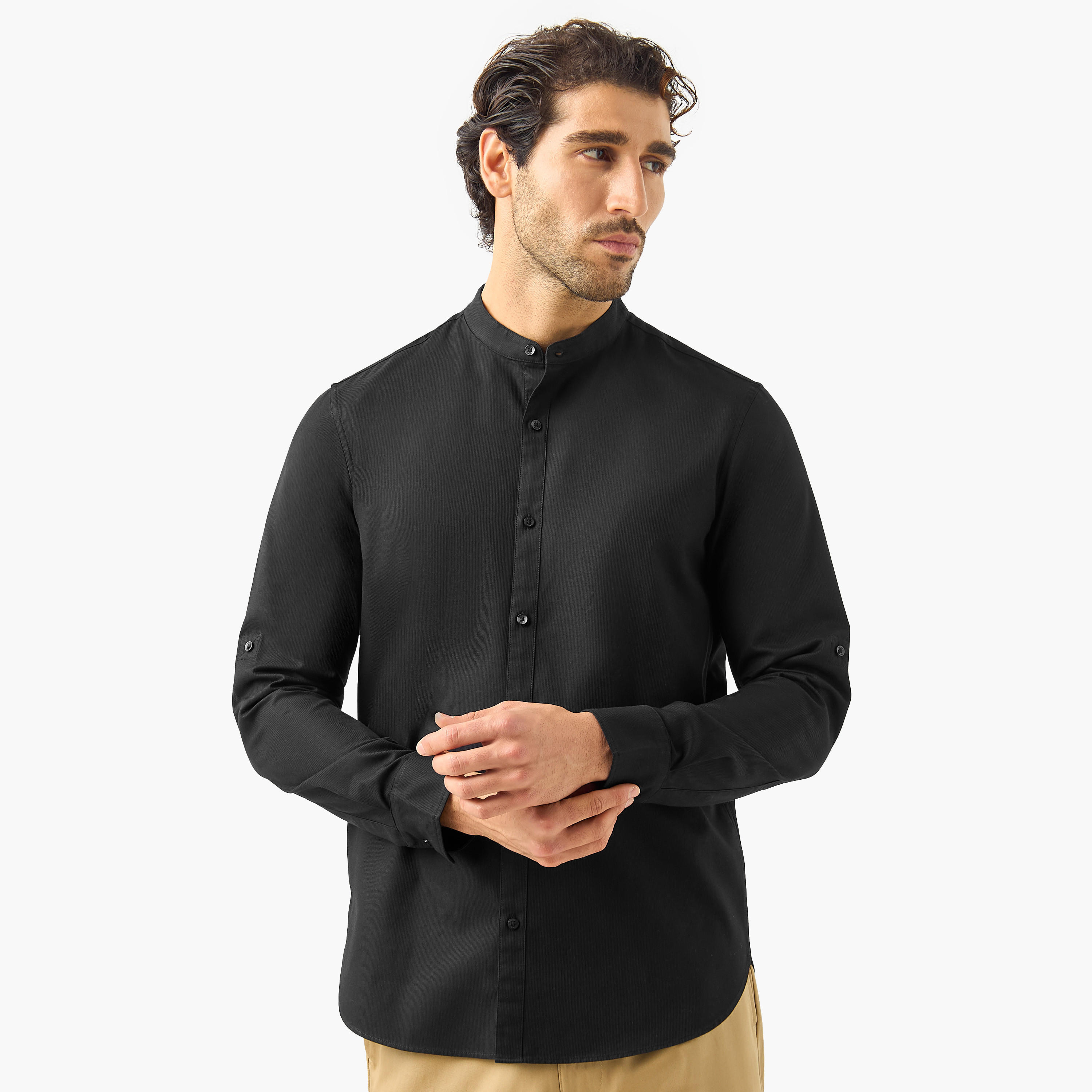 Regular Fit Mandarin Collar Shirt with Long Sleeves-men-clothing-shirts-image-1