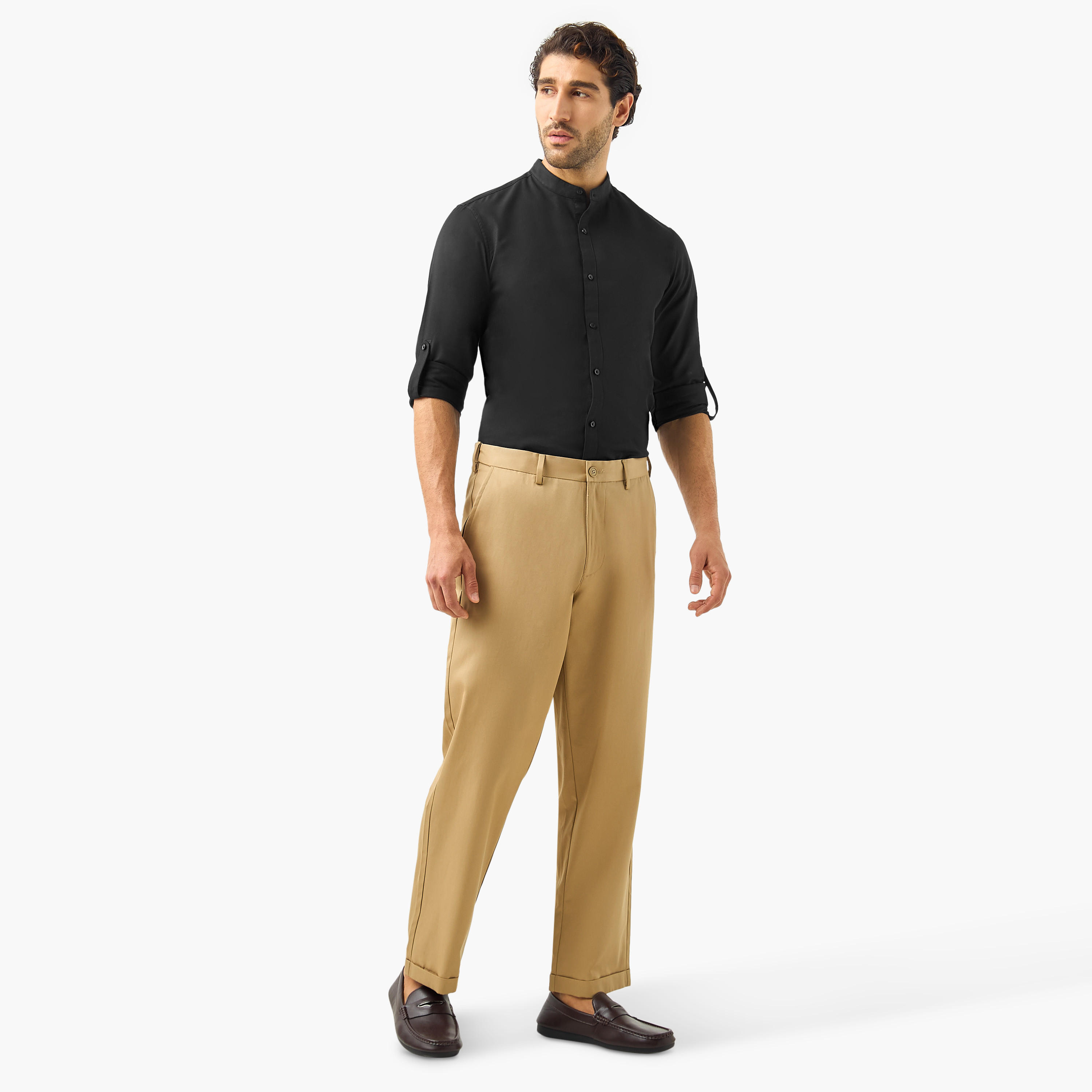 Regular Fit Mandarin Collar Shirt with Long Sleeves-men-clothing-shirts-image-2