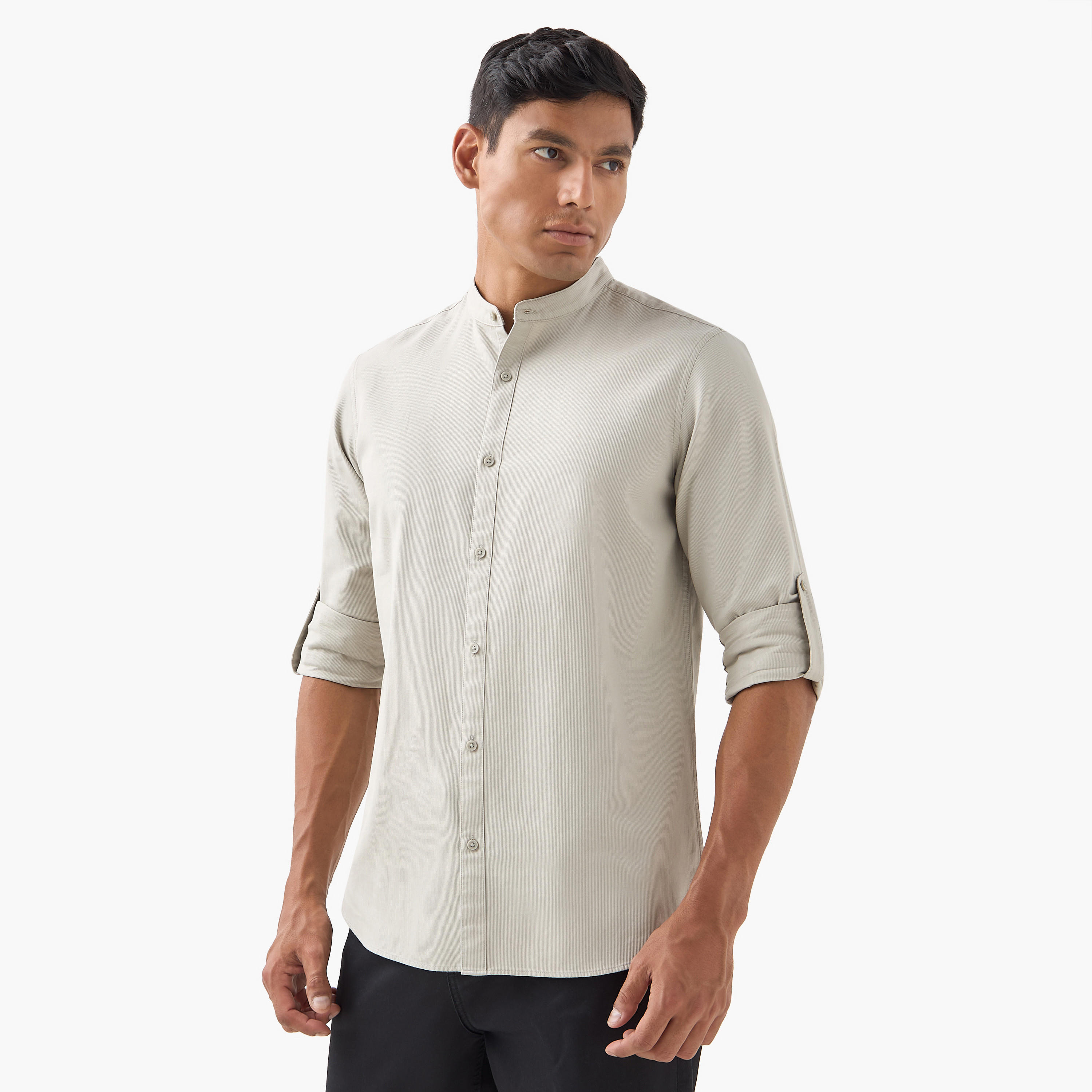 Regular Fit Mandarin Collar Shirt with Long Sleeves-men-clothing-shirts-image-1