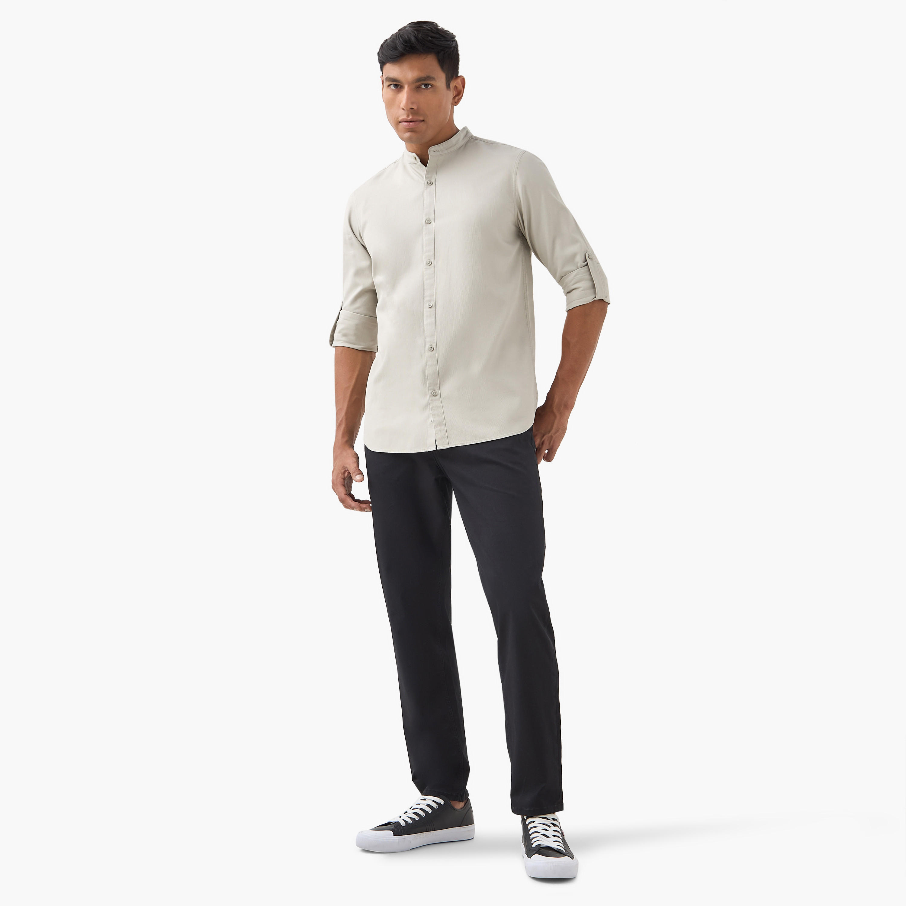 Regular Fit Mandarin Collar Shirt with Long Sleeves-men-clothing-shirts-image-2