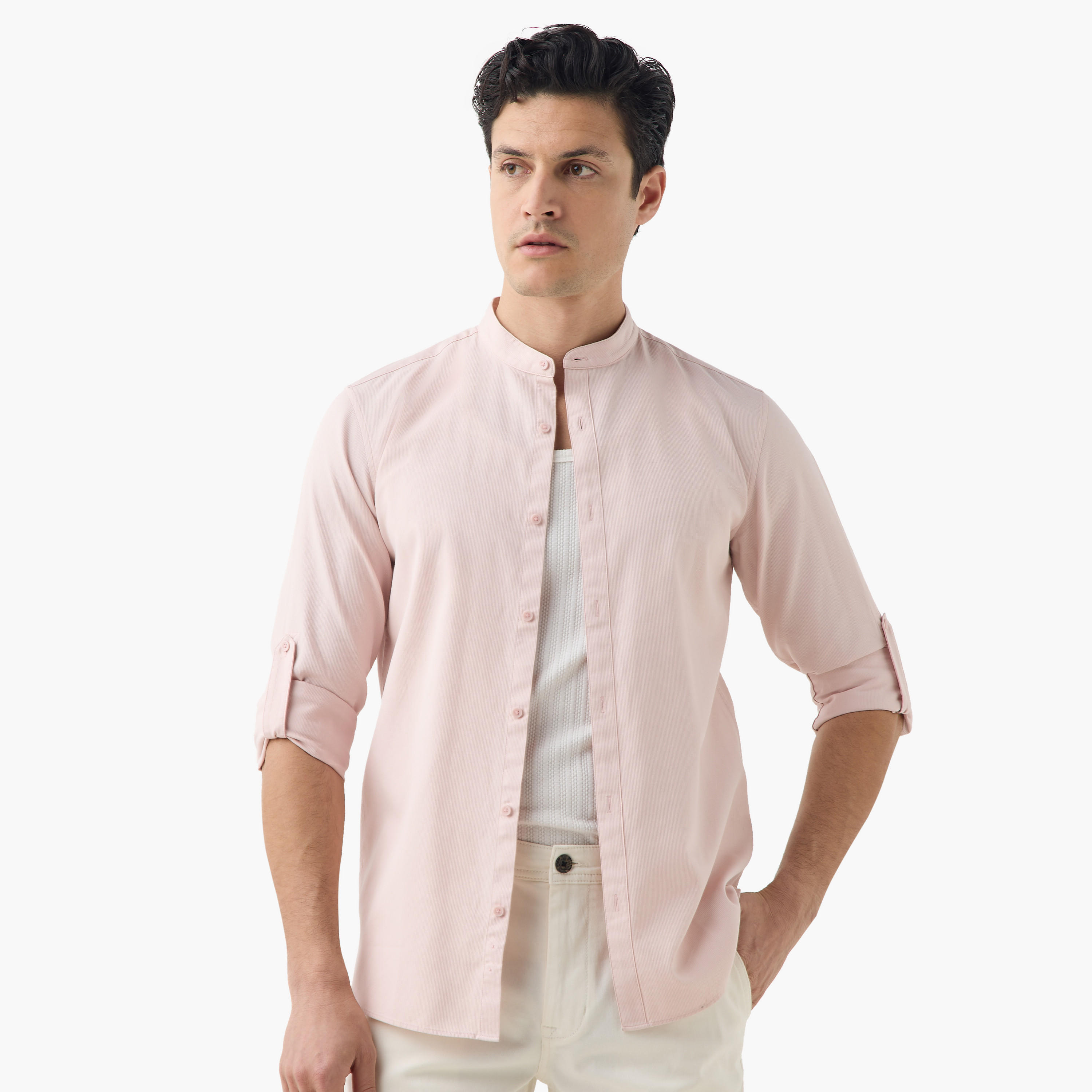Regular Fit Mandarin Collar Shirt with Long Sleeves-men-clothing-shirts-image-1