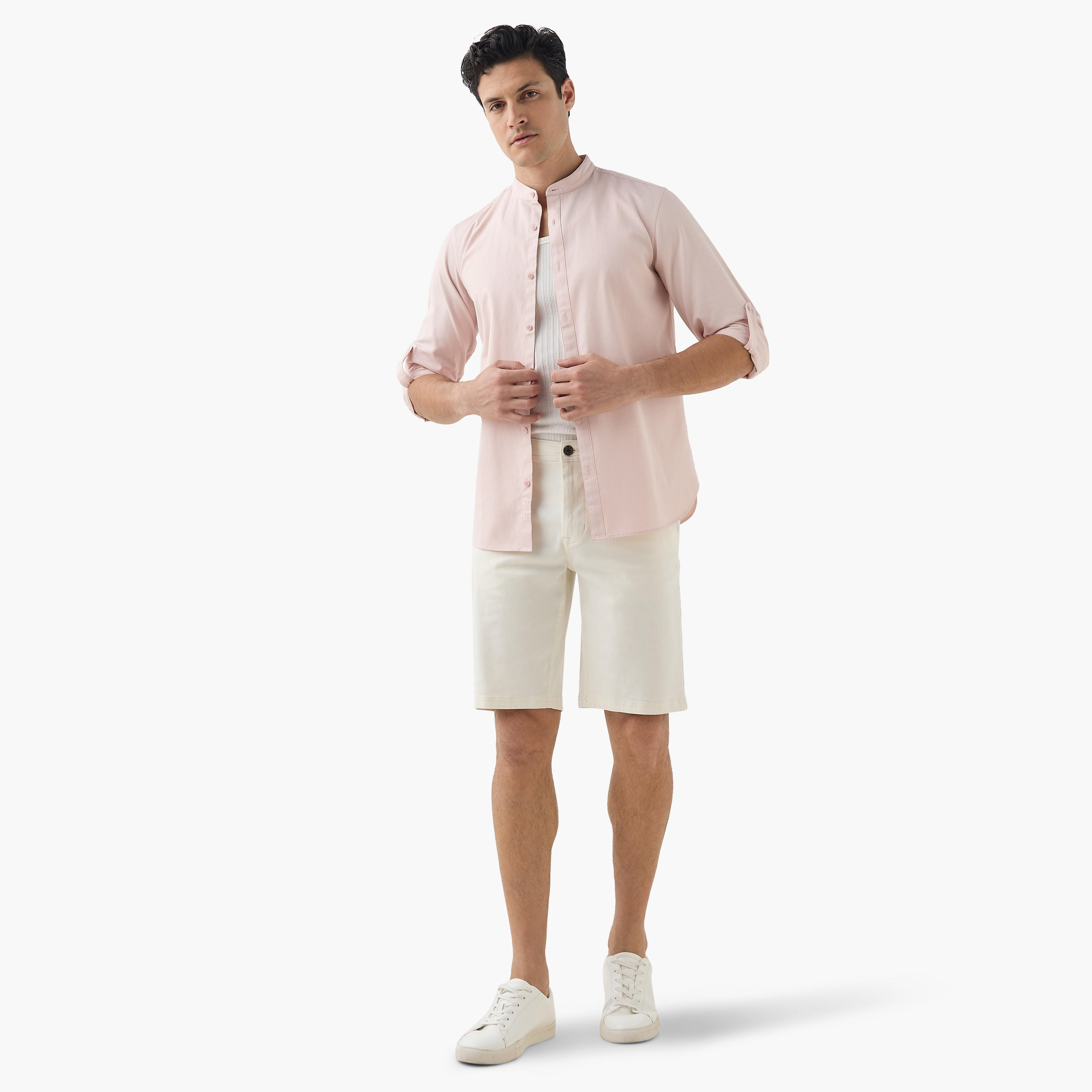 Regular Fit Mandarin Collar Shirt with Long Sleeves-men-clothing-shirts-image-2