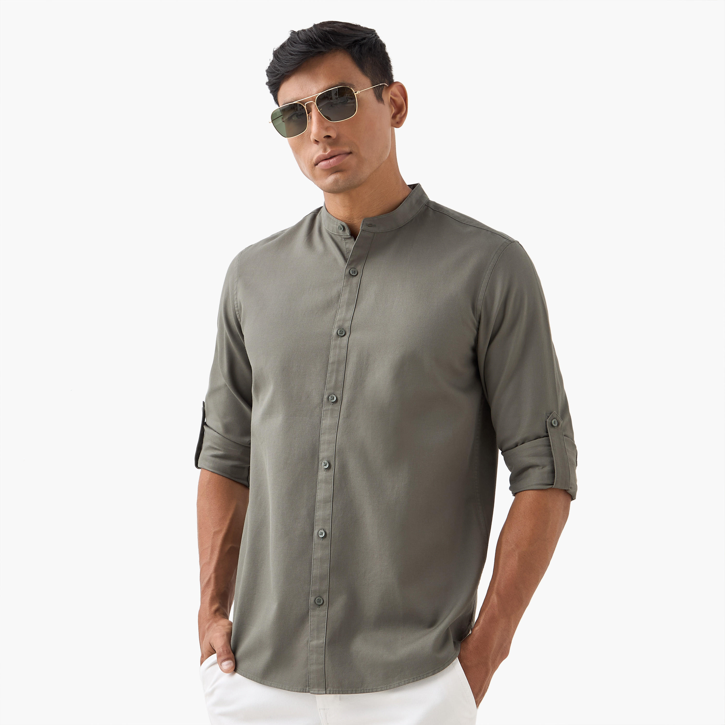 Regular Fit Mandarin Collar Shirt with Long Sleeves-men-clothing-shirts-image-1
