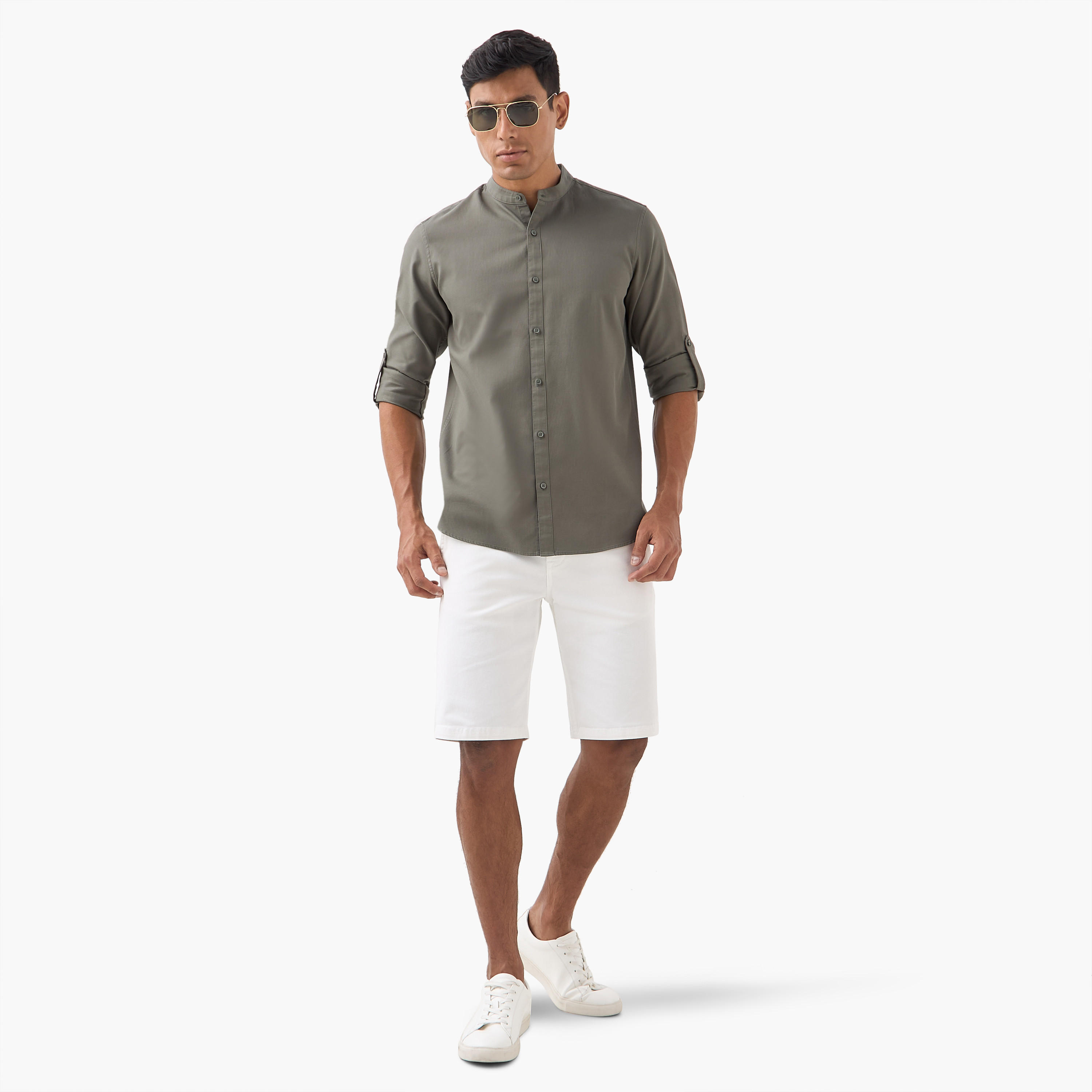 Regular Fit Mandarin Collar Shirt with Long Sleeves-men-clothing-shirts-image-2