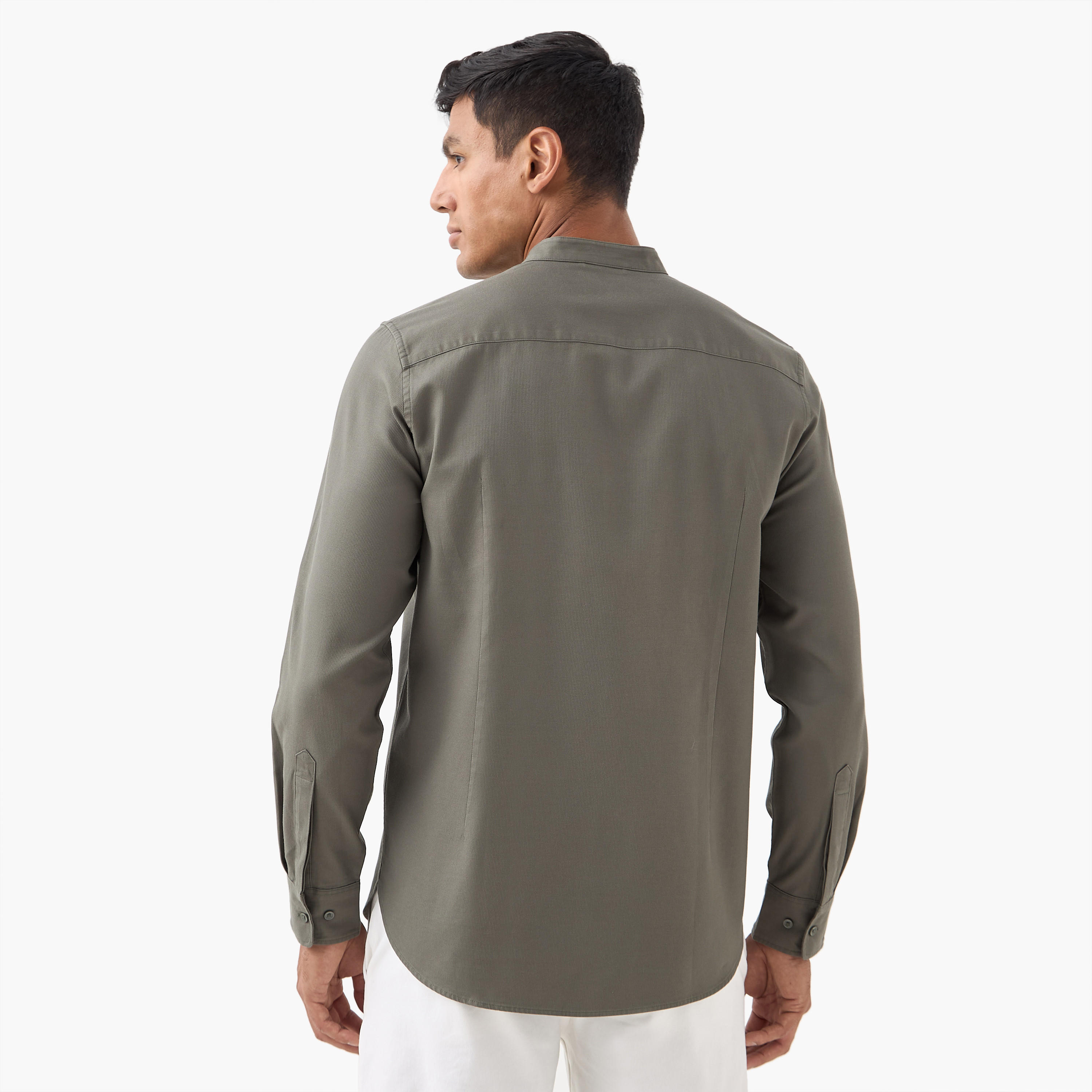 Regular Fit Mandarin Collar Shirt with Long Sleeves-men-clothing-shirts-image-3