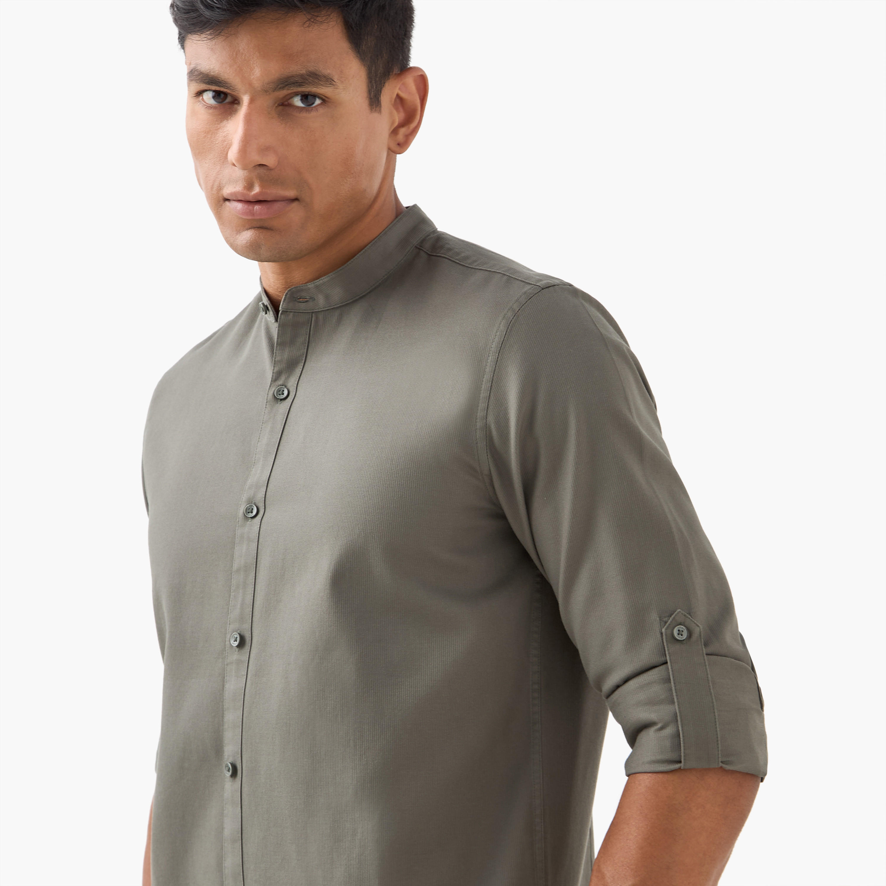 Regular Fit Mandarin Collar Shirt with Long Sleeves-men-clothing-shirts-image-4