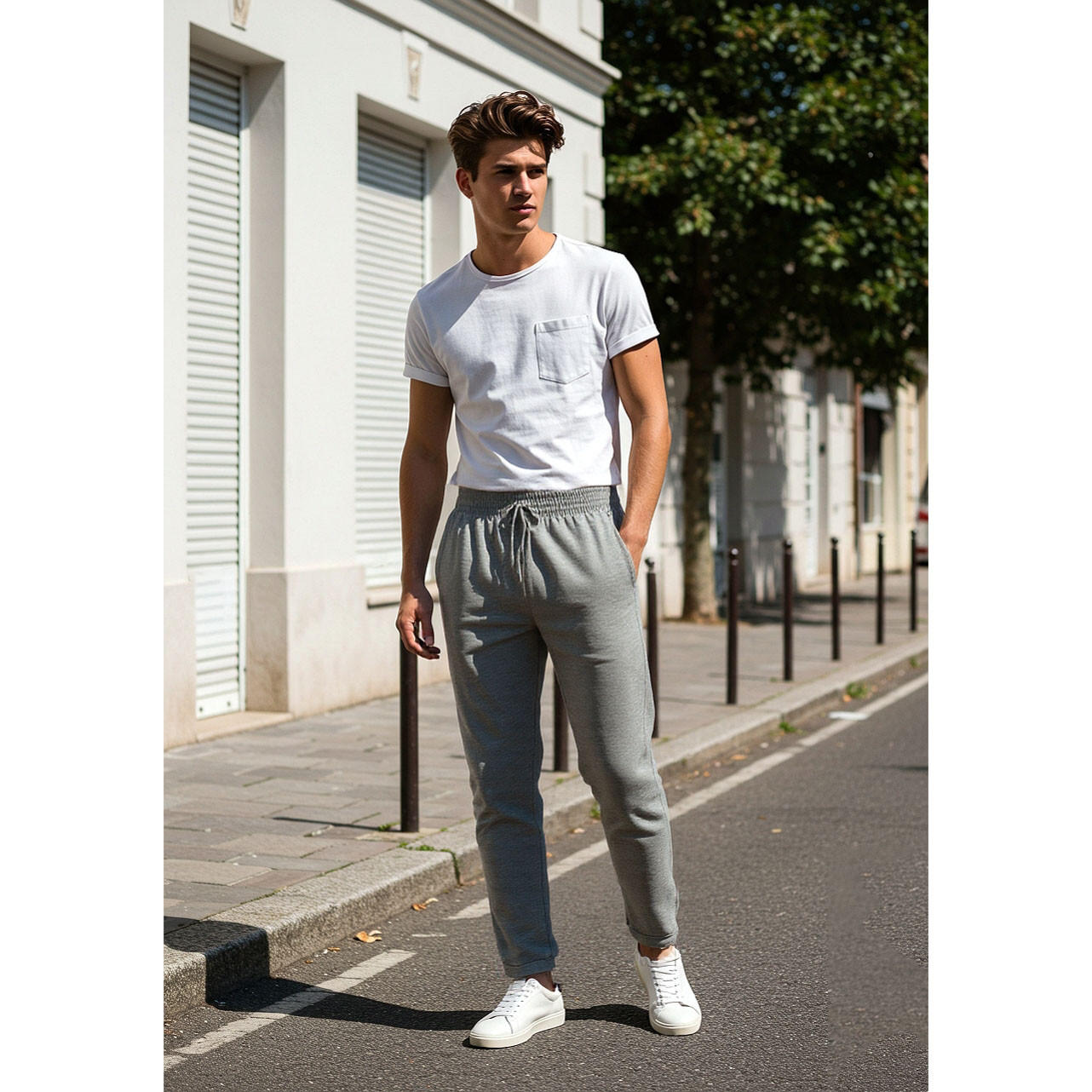 بنطلون بيكيه بقصّة سليم وخصر مطاطي وجيوب-men-clothing-bottoms-joggers-image-2