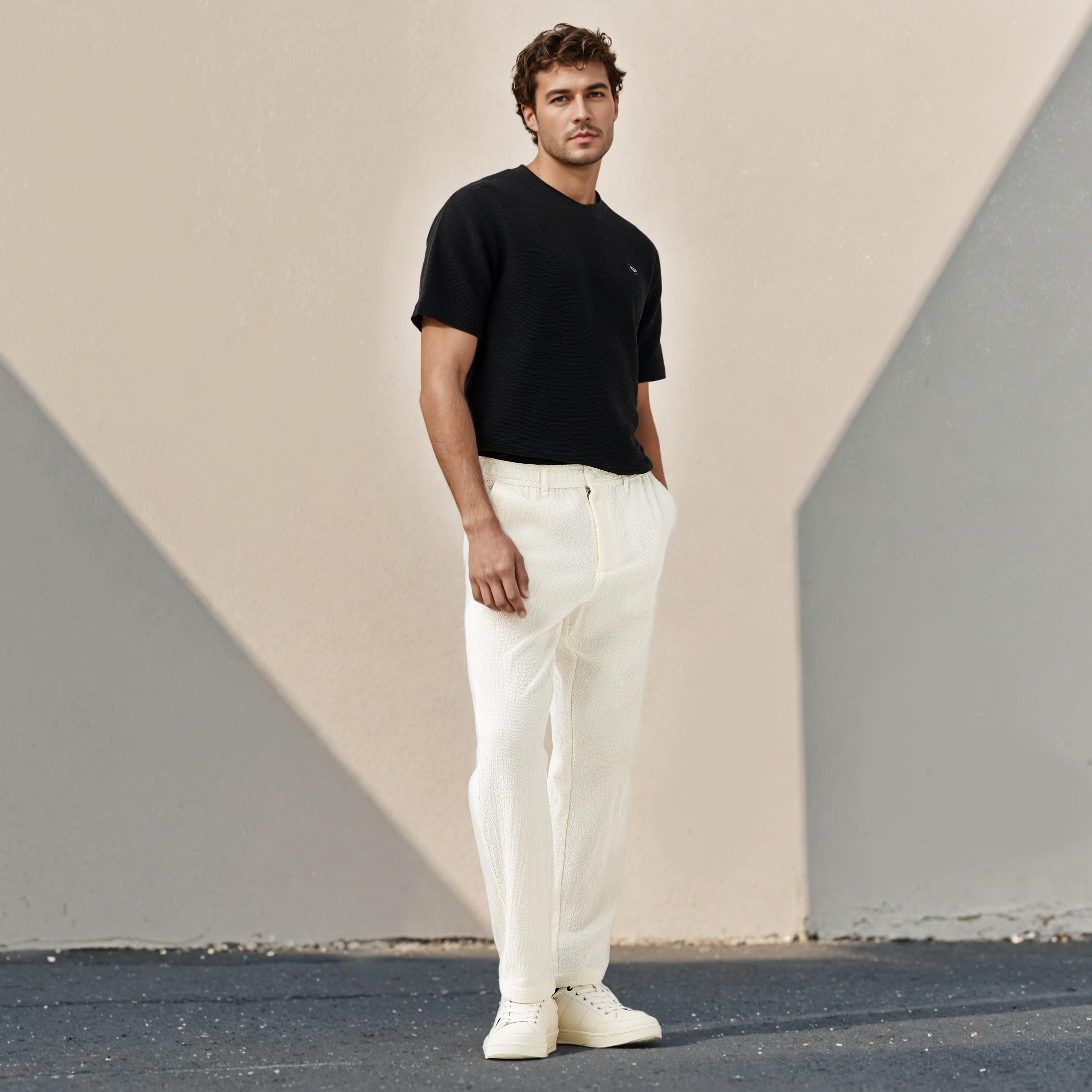 Regular Fit Textured Linen Blend Flexi Waist Trousers-men-clothing-bottoms-trousersandchinos-trousers-image-2