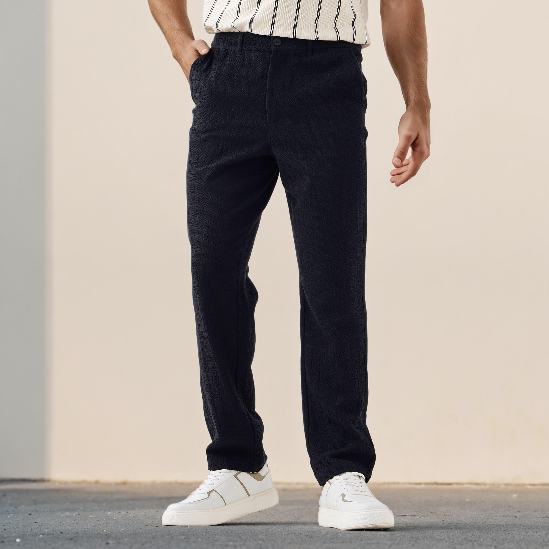 Regular Fit Textured Linen Blend Flexi Waist Trousers-men-clothing-bottoms-trousersandchinos-trousers-image-1