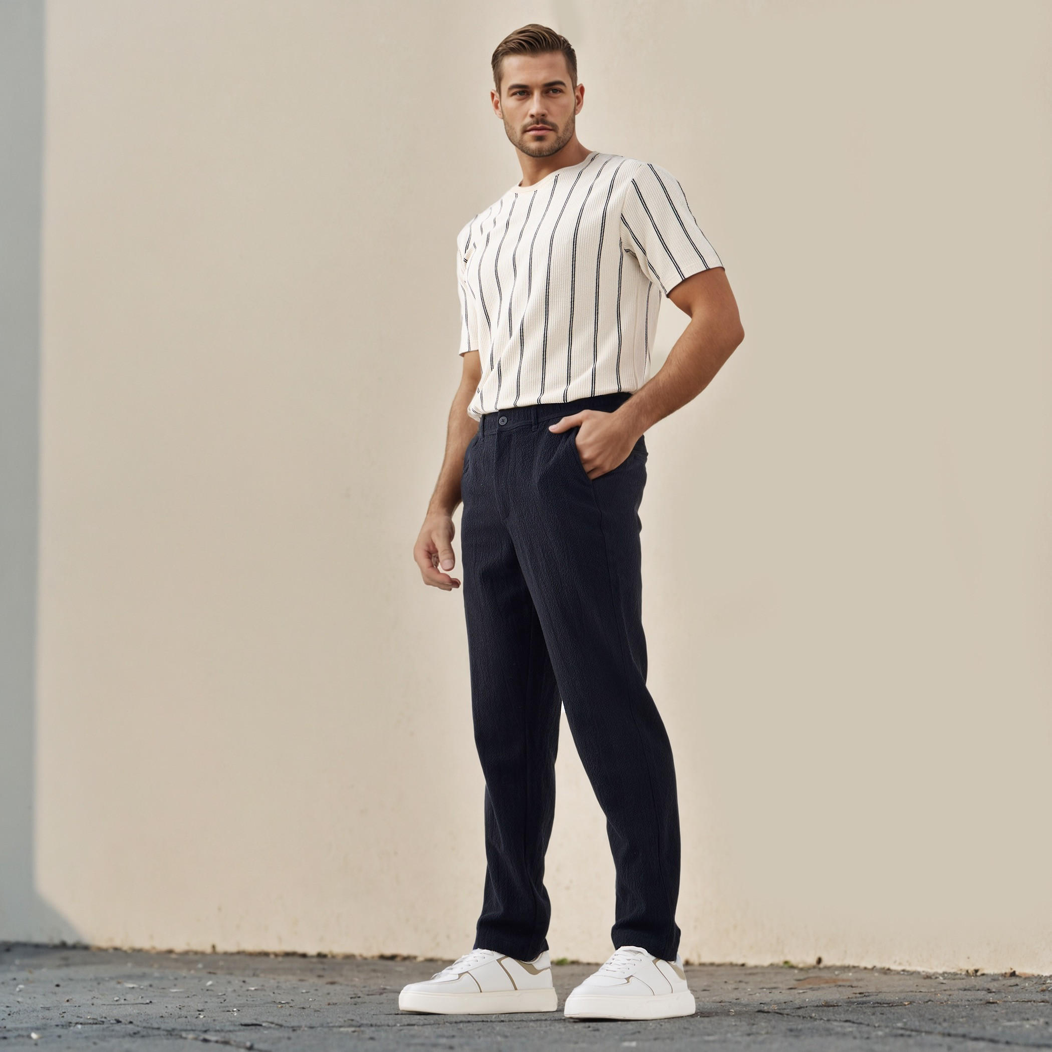Regular Fit Textured Linen Blend Flexi Waist Trousers-men-clothing-bottoms-trousersandchinos-trousers-image-2